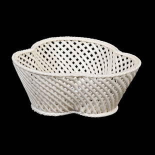 Shamrock Basket, Irish Belleek 2nd Period: Shamrock Basket, Irish Belleek 2nd Period, Rare Example Of "Flat Rod" Irish Belleek, 2" x 5.25", Circa 1890-1920, Two Strand, One Pad, Janice Gill Collection. UPDATED 11/27/23: "Rare Example Of 'Flat