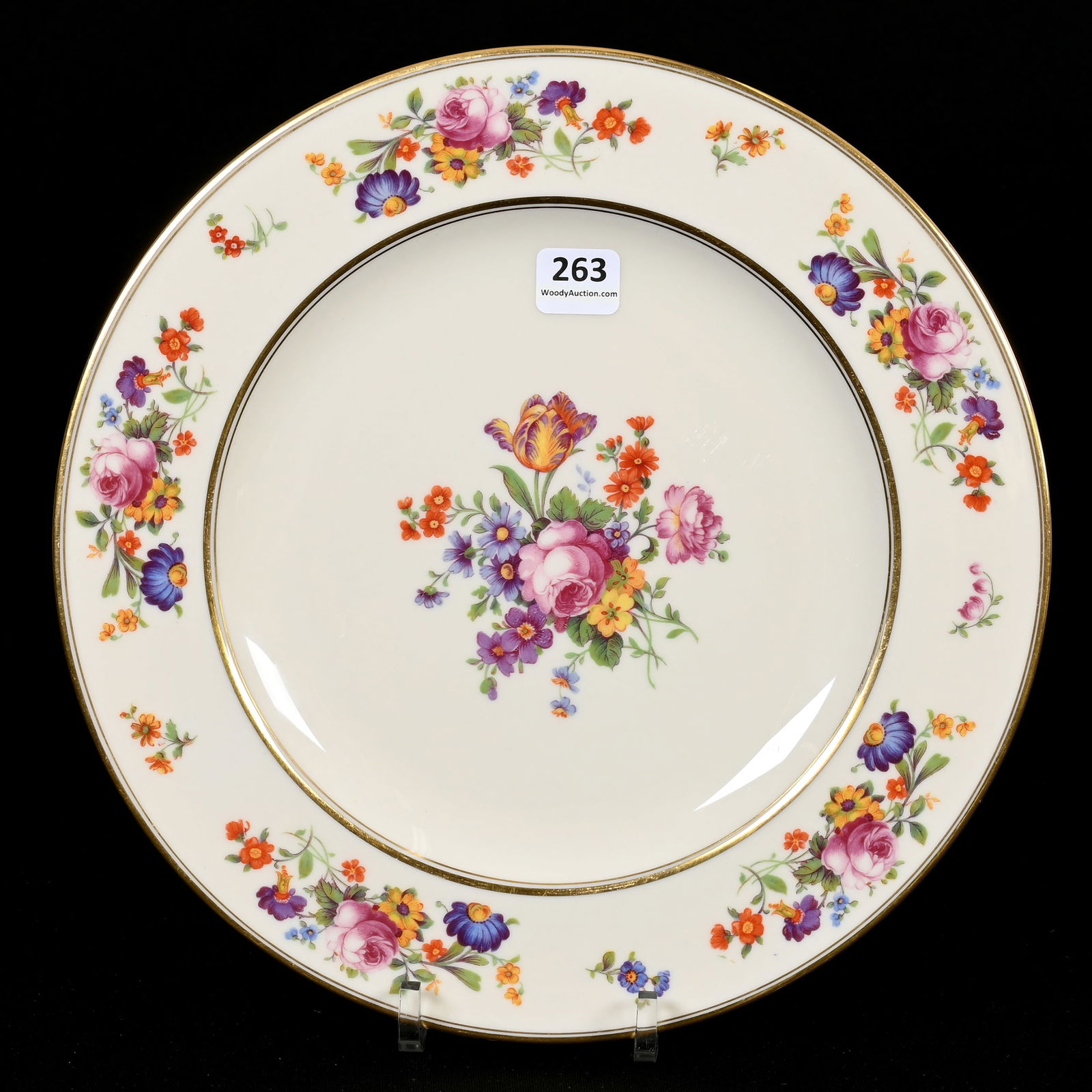 Dinner Plate, Marked Coxon Belleek: Dinner Plate, Marked Coxon Belleek, 10.5", Made For Corrigan Jewelers Houston Texas, Cream With Colorful Floral Decor, Gold Trim Highlights, Janice Gill Collection