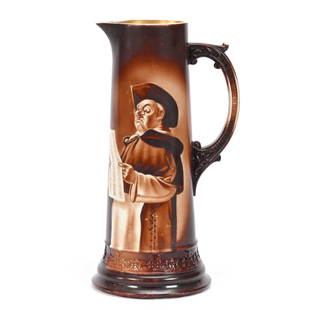 Tankard, American CAC Lenox Transition Mark: Tankard, American Ceramic Art Company Lenox Transition Mark, 14.25" x 7", Brown Monochromatic Scene Of Friar Reading Newspaper With Disgruntled Expression, Transition Period 1896-1906, Janice Gill Col