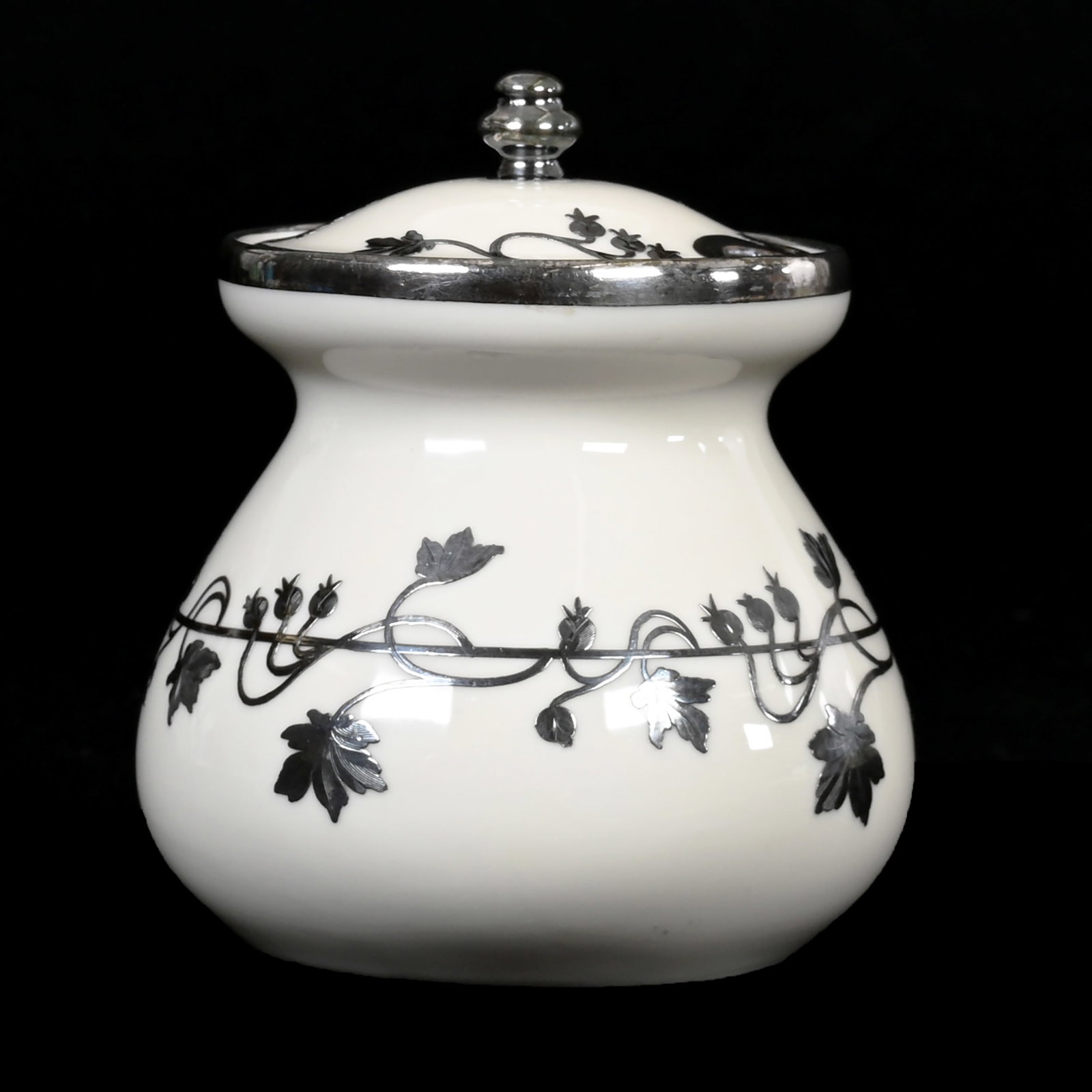 Marmalade Jar, Lenox Green Wreath Mark: Marmalade Jar, Lenox Green Wreath Mark, 4.5" x 4", Sterling Silver Floral Overlay, Circa 1906-1930, Janice Gill Collection