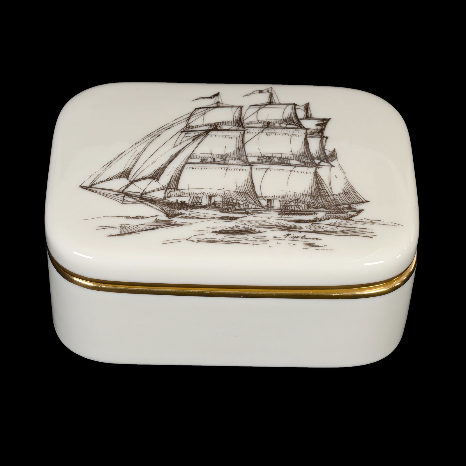 Cigarette Box, Lenox Gold Wreath Mark: Cigarette Box, Lenox Gold Wreath Mark, 2" x 3.75" x 5", White With Scene Of "Golden West", Clipper Ship Out Of Boston, 1852, Designed By Frank Holmes, Lenox Factory Designer, Post-1950, Janice Gill Co
