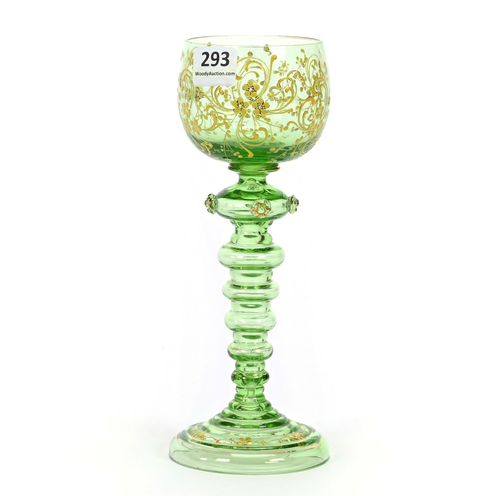 Wine Stem, Bohemian Art Glass: Wine Stem, Bohemian Art Glass, 7.5" x 2.75", Green With Optic Swirl Skirted Base, Gold Enamel Vintage Decor, Reactive Under Black Light, This Item Sold In Previous Woody Auction, Returned By Buyer Bec