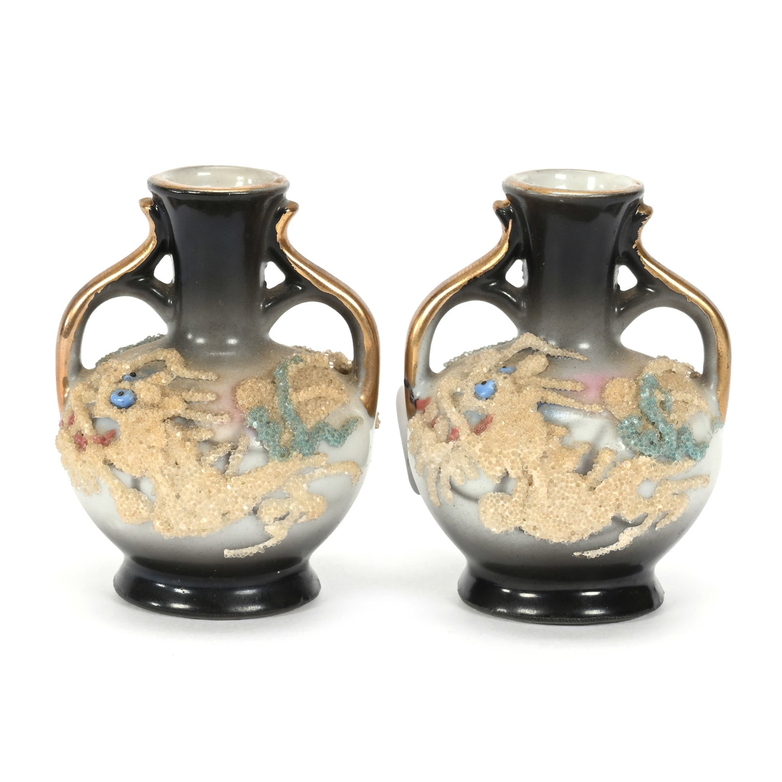 Pair Miniature Vases, Made In Japan Mark: Pair Miniature Vases, Made In Japan Mark, 2.5" x 2", Black Shading To Gray And White, Heavy Coralene Dragon Decor, Texas Private Collection