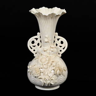 Flowered Princess Vase, Irish Belleek 3rd Black Mark: Flowered Princess Vase, Irish Belleek 3rd Black Mark, 9" x 4.5", Two Handles, Applied Floral Decor, Exactly As Featured In Encyclopedia Of Belleek Flower Holders By Langham, Page 73, Texas Private