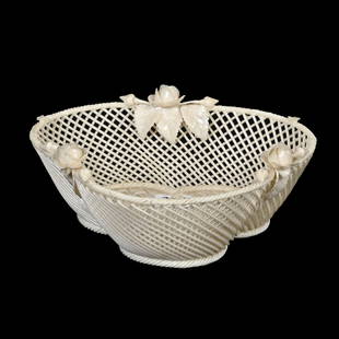 Basket, Irish Belleek Four Strand, One Pad: Basket, Irish Belleek Four Strand, One Pad, 2.5" x 6.5", Circa 1956-1979, Applied Floral Rim, Texas Private Collection