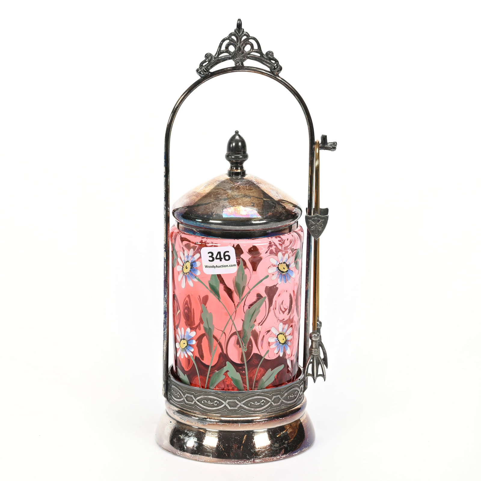 Victorian Pickle Castor: Victorian Pickle Castor, 10.75" x 4", Cranberry Coinspot Art Glass Insert, Enamel Daisy Decor, Set On Rockford #652 Silverplate Frame, Some Flaws At Fork & Tong Holder, Texas Private Collection