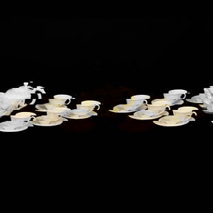 Tea Set, Ten Piece, Irish Belleek: Tea Set, Ten Piece, Irish Belleek, Shell And Coral Mold, Yellow Tint Highlights, (1) 6.25" x 10" Teapot, 13th Brown Mark, Sells With (9) Pattern Matched Cups And Saucers, 6th Green Mark, Texas Private