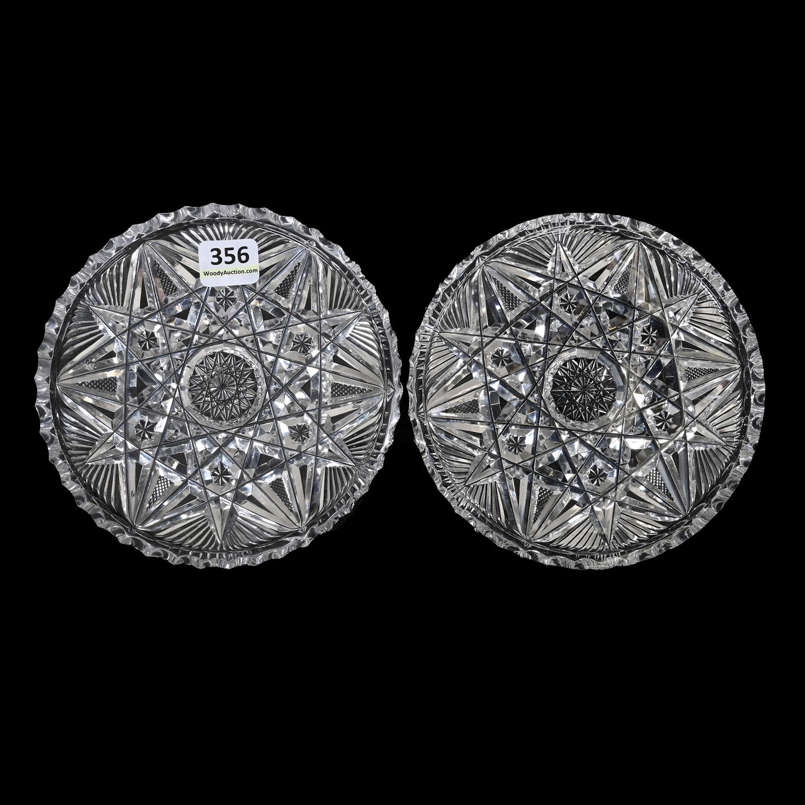 Pair Wine Coasters, ABCG, Signed Libbey: Pair Wine Coasters, American Brilliant Cut Glass, Signed Libbey, 5.25", Flashed Hobstar Motif, Arkansas Private Collection