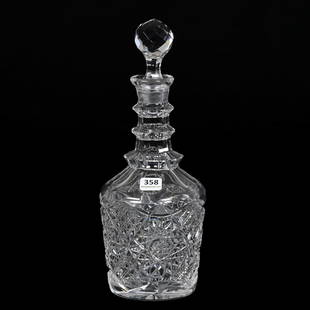 Decanter, ABCG: Decanter, American Brilliant Cut Glass, 11.25" x 4.25", Hobstar And Cane Motif, Triple Facet Cut Ring Neck, Possible Rim Polish, Chip On Stopper Plug, Arkansas Private Collection