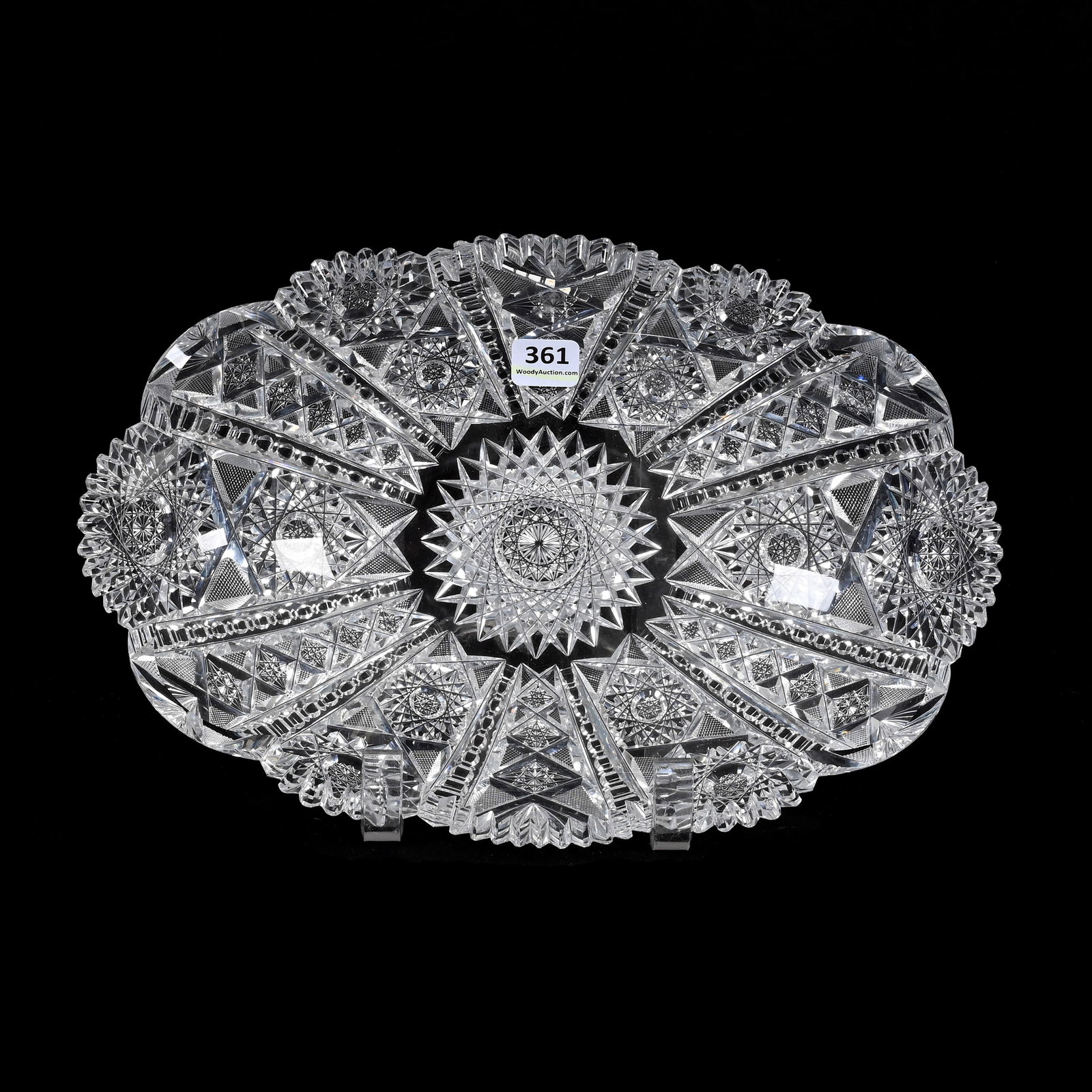Oval Bowl, ABCG: Oval Bowl, American Brilliant Cut Glass, 2.5" x 11.5" x 7.75", Hobstar, Strawberry Diamond, Prism And Fan Motif, Outside Rim Chip, Arkansas Private Collection