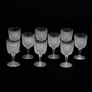 (9) Goblets, ABCG, Hob Diamond By Dorflinger: (9) Goblets, American Brilliant Cut Glass, Hob Diamond By Dorflinger, 6.25" x 3.25", Ray Cut Foot, Rim Chip On One, Arkansas Private Collection