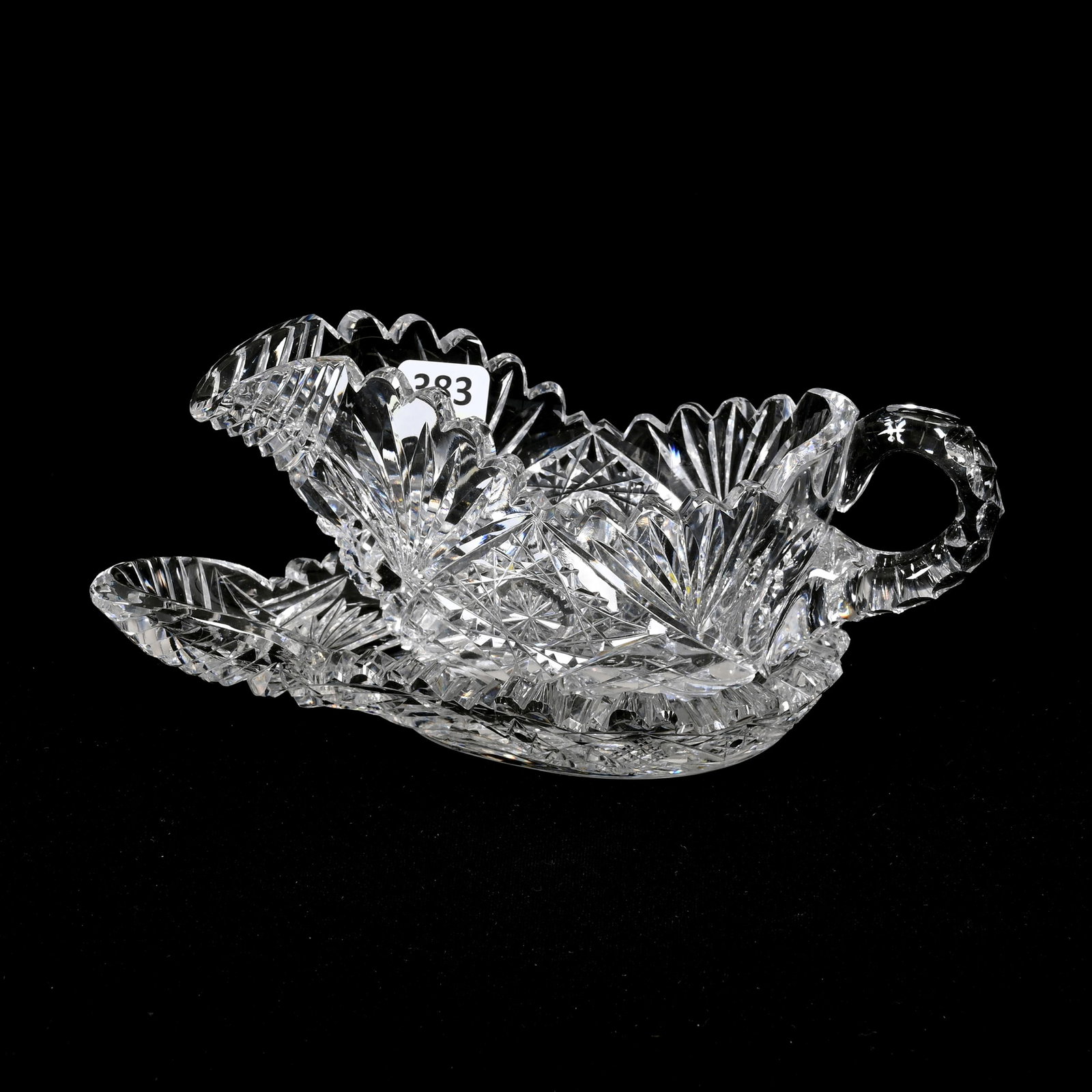 Tusk Shaped Gravy Boat & Underplate, ABCG: Tusk Shaped Gravy Boat & Underplate, American Brilliant Cut Glass, 3.25" x 7.5", Signed J. Hoare, Hobstar And Fan Motif, Ray Cut Base, Triple Notched Handle, Arkansas Private Collection