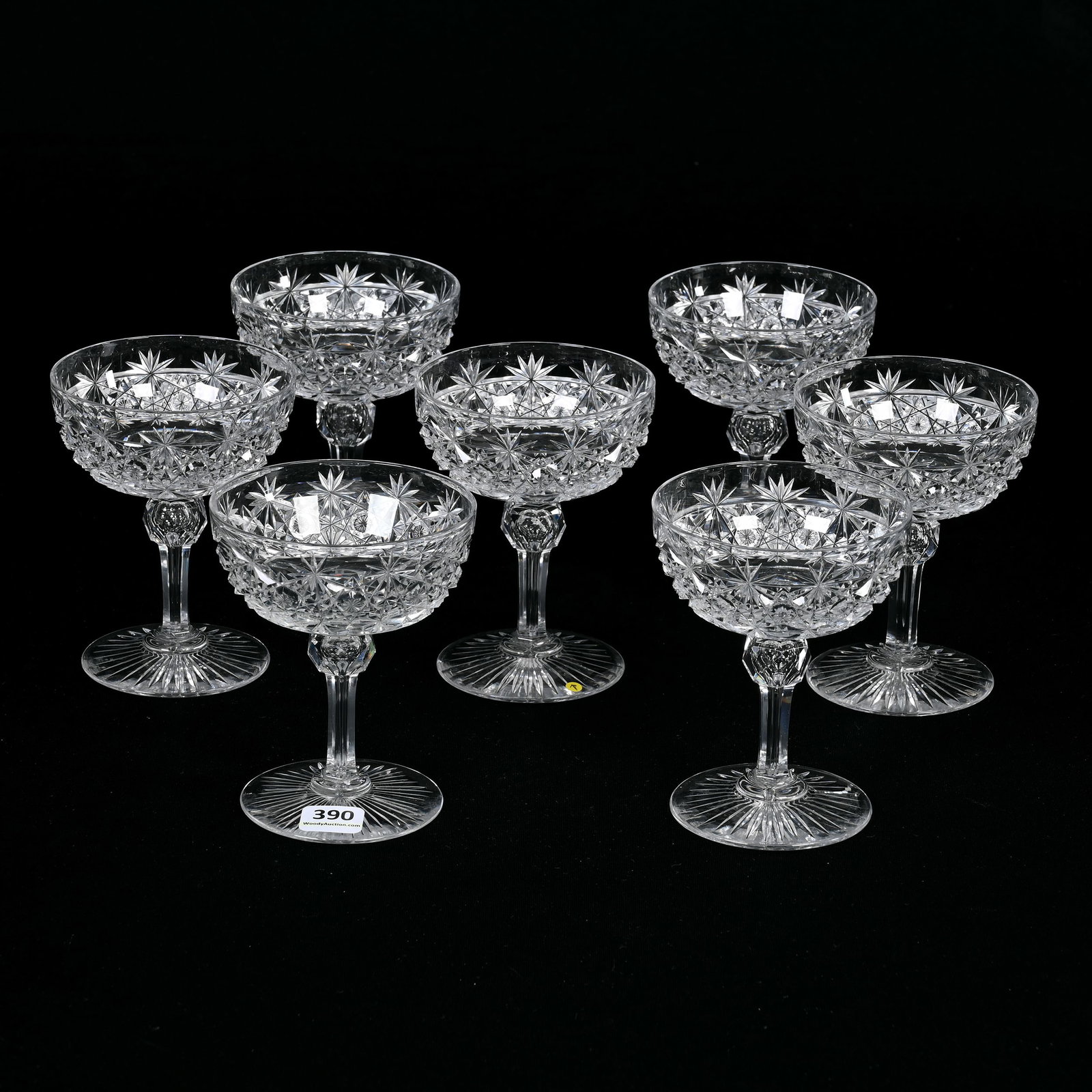 (7) Wine Stems, ABCG: (7) Wine Stems, American Brilliant Cut Glass, 4.5" x 3.75", Russian Pattern, Star Cut Buttons, Ray Cut Foot, Arkansas Private Collection