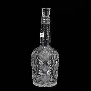 Whiskey Bottle, ABCG, Signed Hawkes Queens Pattern: Whiskey Bottle, American Brilliant Cut Glass, Signed Hawkes Queens Pattern, 12.5" x 4.5", Hobstar Base, St. Louis Diamond Cut Base, Stopper Plug Has Been Shortened, Some Rim Chips On Stopper, Arkansas