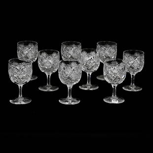 (9) Goblets, ABCG, Holland Pattern By Hawkes: (9) Goblets, American Brilliant Cut Glass, Holland Pattern By Hawkes, 5.75" x 3.25", Solid Notched Stem, Ray Cut Foot, One Goblet With Rim Chip, Arkansas Private Collection