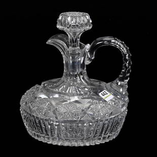 Ship's Decanter, ABCG: Ship's Decanter, American Brilliant Cut Glass, 7.25" x 6.5", Hobstar, Strawberry Diamond And Prism Motif, Pattern Matched Stopper, Triple Notched Handle, Hobstar Base, Arkansas Private Collection