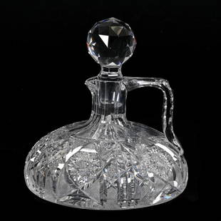 Ship's Decanter, ABCG, Signed Libbey Corona Pattern: Ship's Decanter, American Brilliant Cut Glass, Signed Libbey Corona Pattern, 7.5" x 7.5", Formerly Known As Spillane Pattern, Triple Notched Handle, Ray Cut Base, Rare Form, Pennsylvania Private Colle