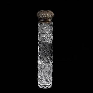 Laydown Perfume Bottle, ABCG: Laydown Perfume Bottle, American Brilliant Cut Glass, 8.25" x 1.75", Swirled Pillar And Cane Pattern, Elaborate Embossed Sterling Silver Flip Top, Original Glass Stopper Is Currently Stuck, Pennsylvan