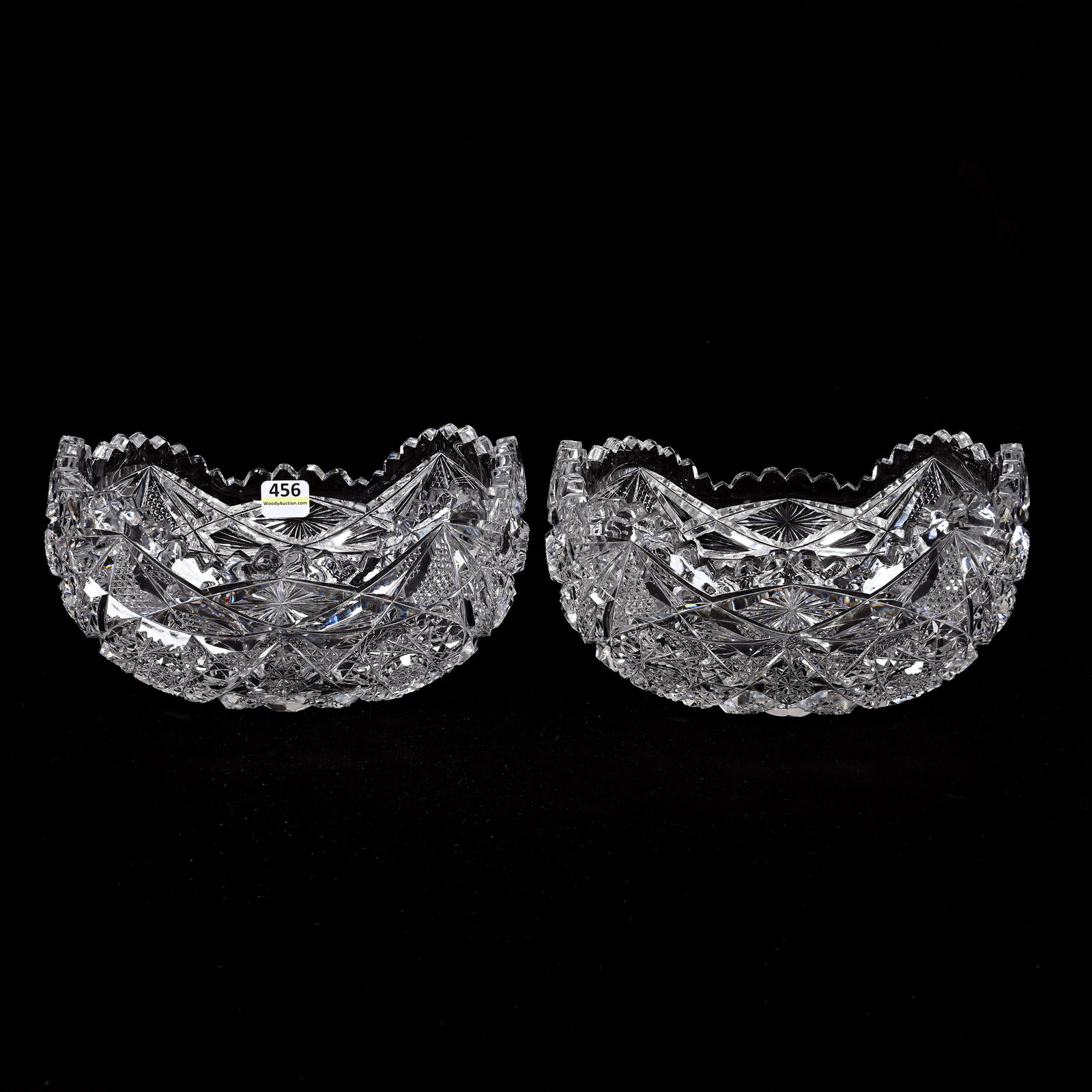 Pair Oblong Banana Bowls, ABCG: Pair Oblong Banana Bowls, American Brilliant Cut Glass, 4.5" x 8.25" x 5.75", Hobstar, Nailhead Diamond, Cane, Star And Fan Motif, Pennsylvania Private Collection