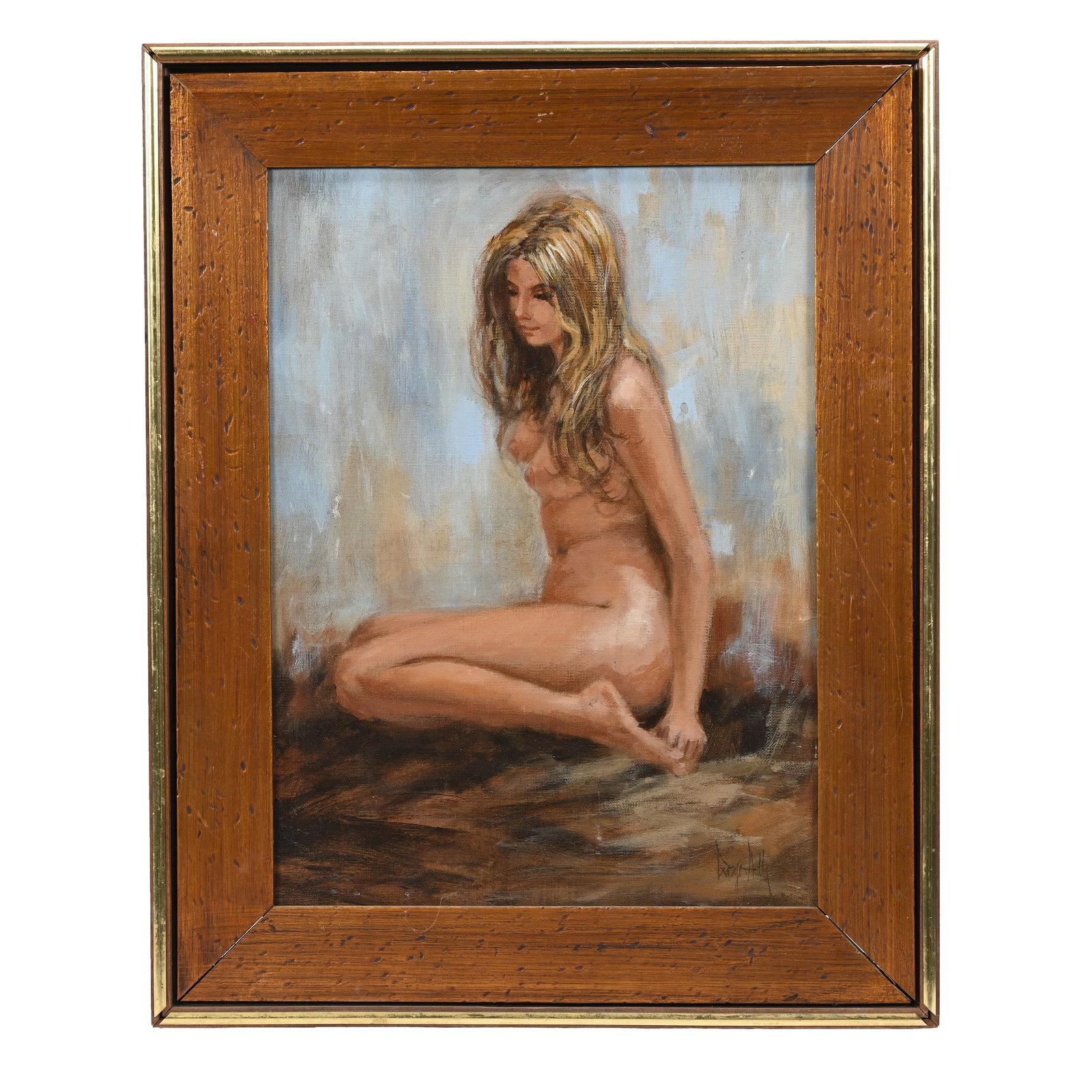 Oil Painting Of Nude, Artist Signed, Modern: Oil Painting Of Nude, Artist Signed, Attributed to George Shelly, Modern, 16" x 12", Unable To Decipher Artist's Signature, Mounted In 20.5" x 16.5" Wooden Frame, See Photos For More Information, Arka