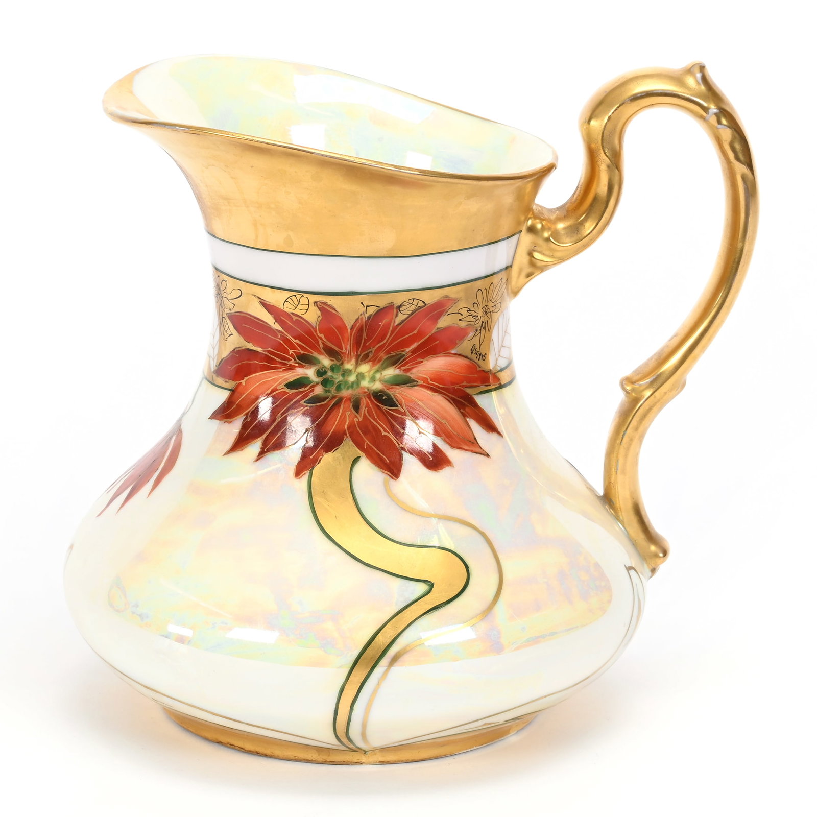 Pitcher Marked Pickard, Poinsettia & Lustre: Pitcher Marked Pickard, Poinsettia & Lustre, 7.5" x 7", Black Stencil Highlights, Artist Signed Menges (Edward P. Mentges), Michigan Private Collection