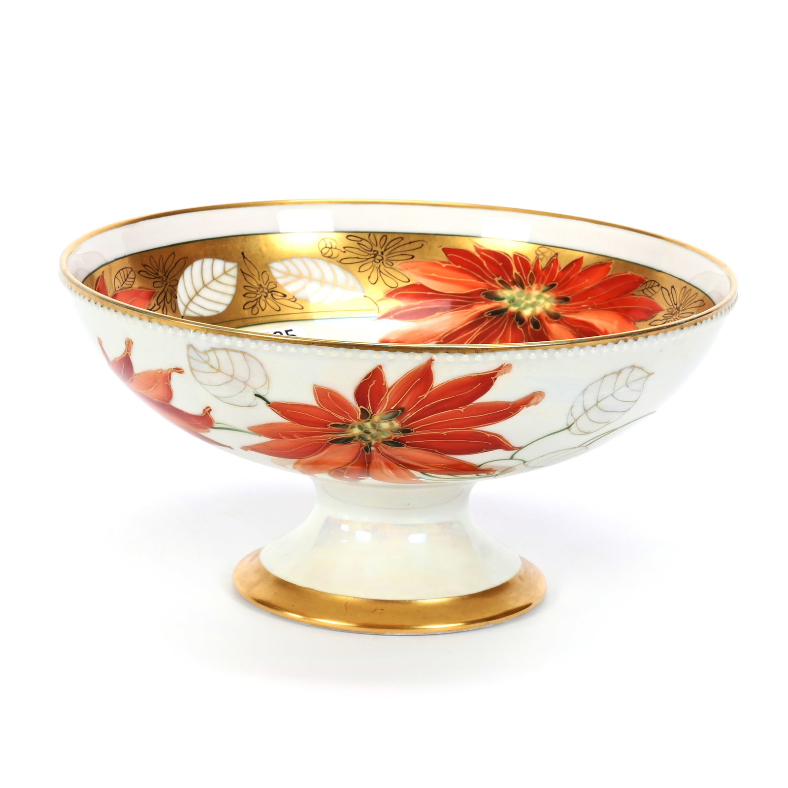 Pedestal Bowl Marked Pickard, Poinsettia & Luster: Pedestal Bowl Marked Pickard, Poinsettia & Luster, 4.5" x 9.25", Artist Signed NGES (Edward P. Mentges), Black Stencil Highlights, Well Done, Michigan Private Collection