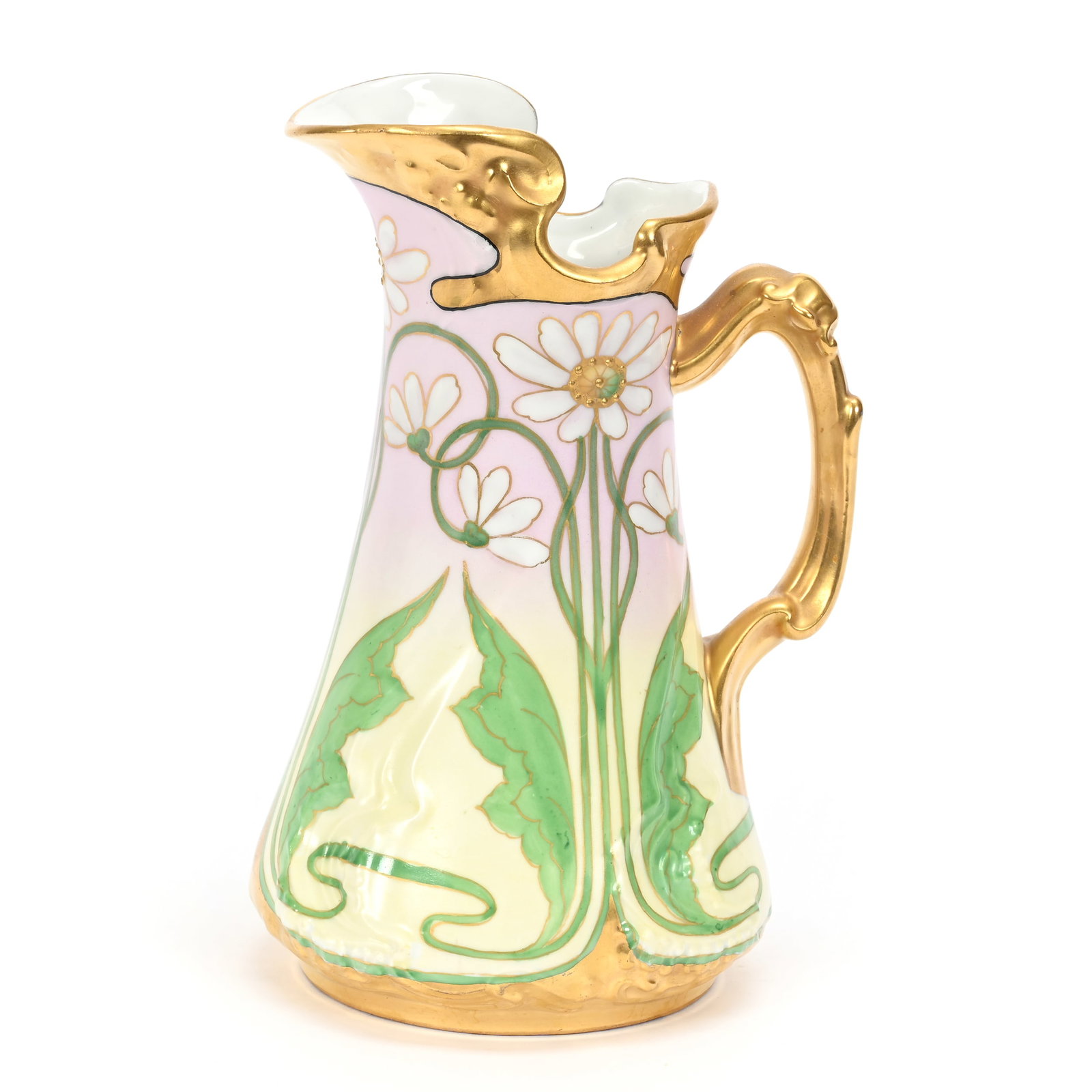 Pitcher Marked Whites Art Company: Pitcher Marked White's Art Company, 7" x 4.5", Pastel Pink And Yellow With Daisy Decor, Artist Signed Blet, Michigan Private Collection
