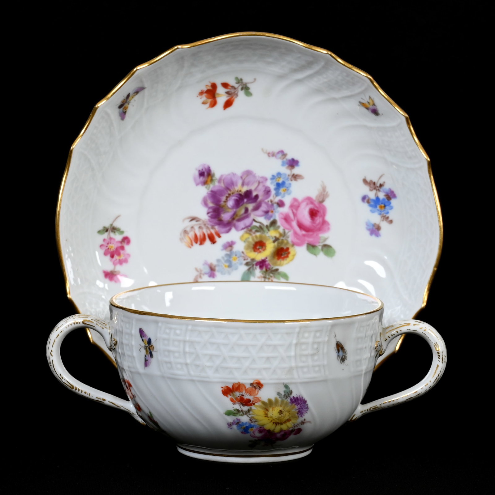 Bouillon Cup/Saucer, Meissen Blue Crossed Swords: Bouillon Cup/Saucer, Meissen Blue Crossed Swords, 2.5" x 6", White With Colorful Floral Decor, Butterfly Highlights, Nice Gold Trim, Denver, Colorado Private Collection.