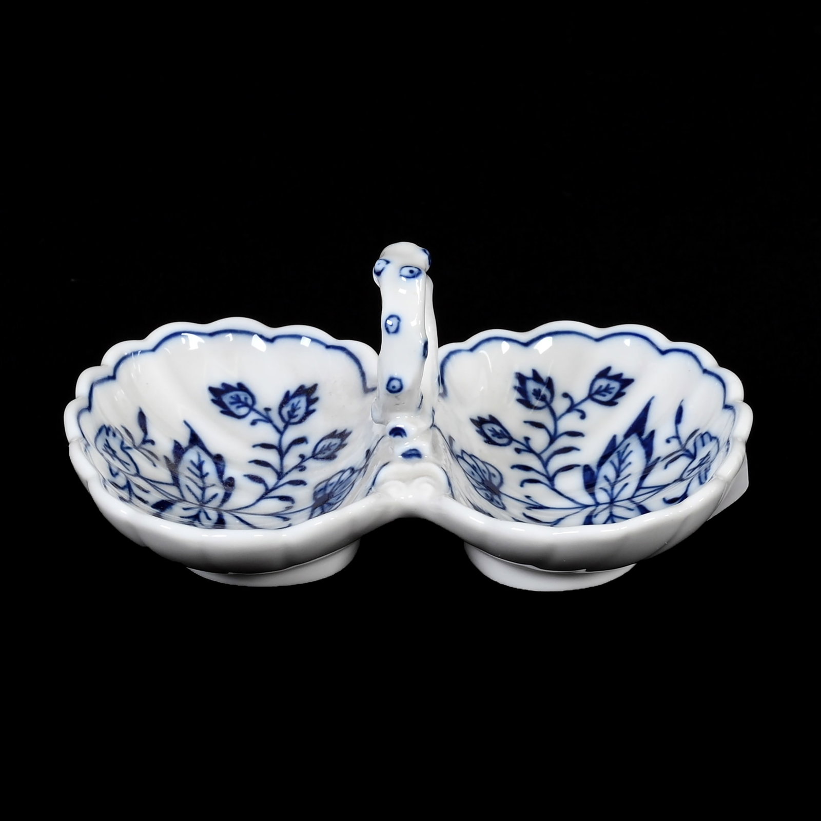 Salt Dip, Double Handled, Meissen Blue Crossed Sword: Salt Dip, Double Handled, Meissen Blue Crossed Sword, 2" x 4.5" x 3", Blue And White Floral Decor, Shell Mold, Denver, Colorado Private Collection.