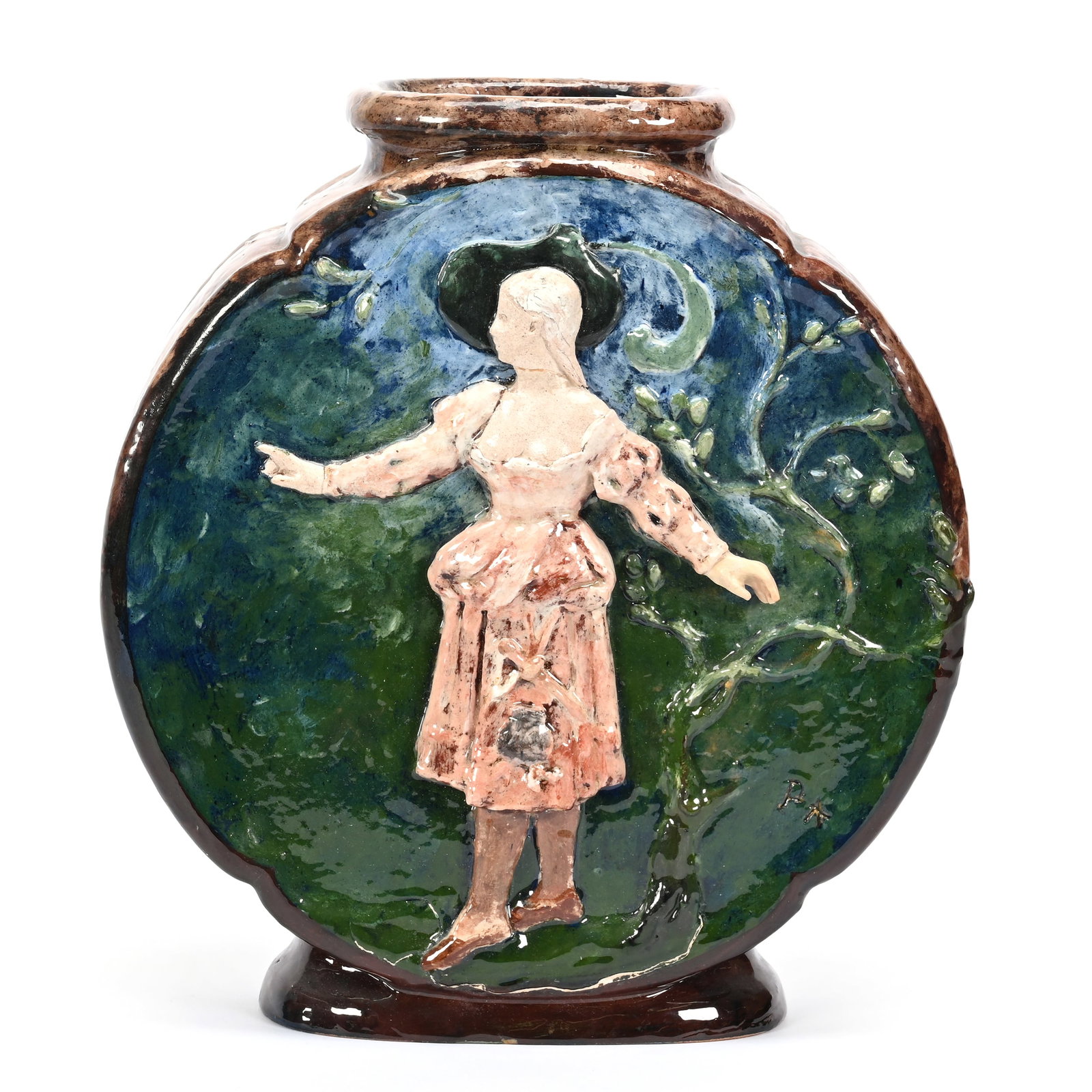 Vase, Terra Cotta, Impressed, Haviland & Co. On Base: Vase, Terra Cotta, Impressed, Haviland & Co. On Base, 14" x 13" x 4.5", Artist Signed "PA" (Paul Aube), Three Dimensional Woman Holding Dagger And Purse, Wearing Green Plumed Hat, Shown In Jacobson's 