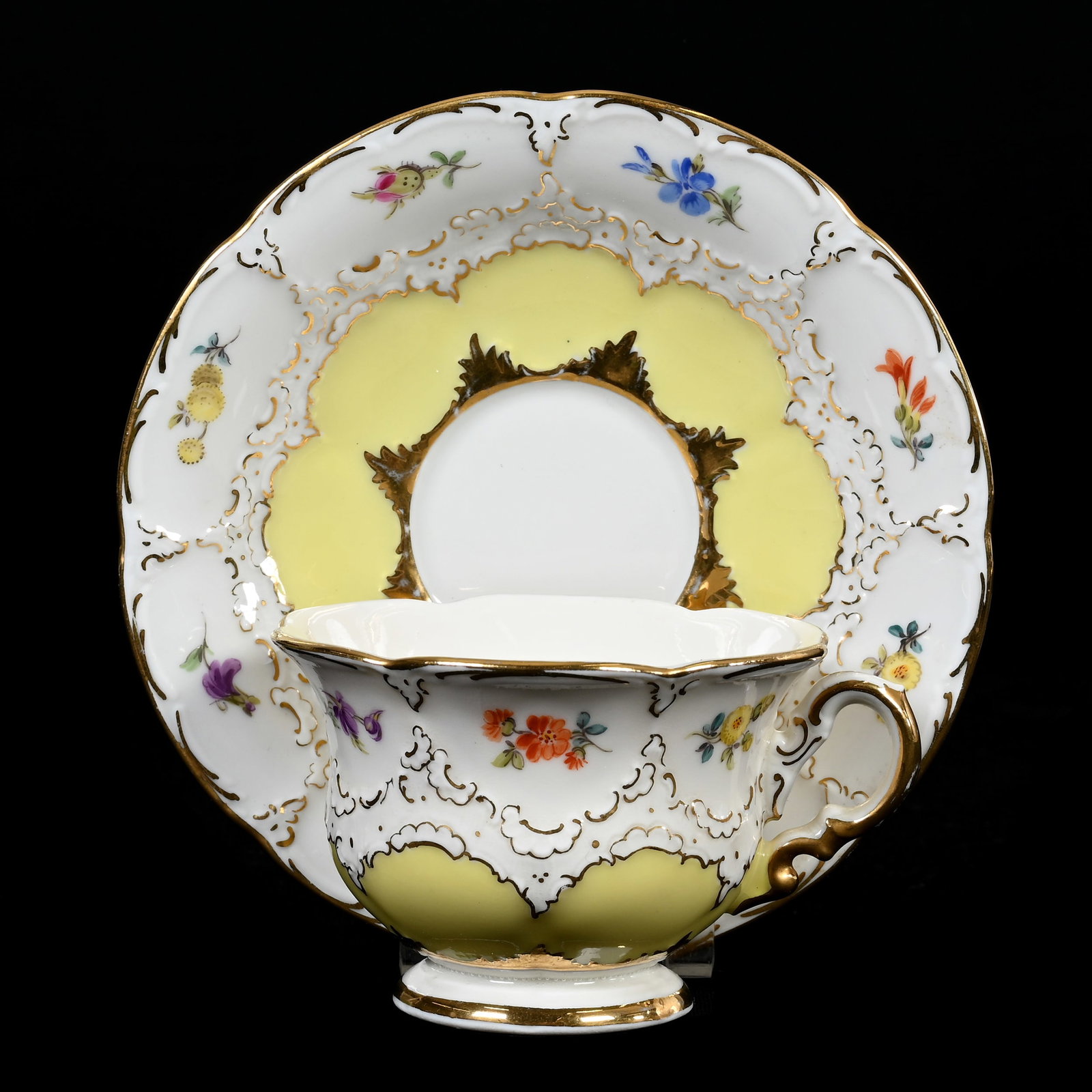 Cup & Saucer Marked Meissen Blue Crossed Swords: Cup & Saucer Marked Meissen Blue Crossed Swords, 2.5" x 5", Two Slash Marks, Yellow And White, Colorful Floral Decor, Gold Trim Highlights, Denver, Colorado Private Collection.