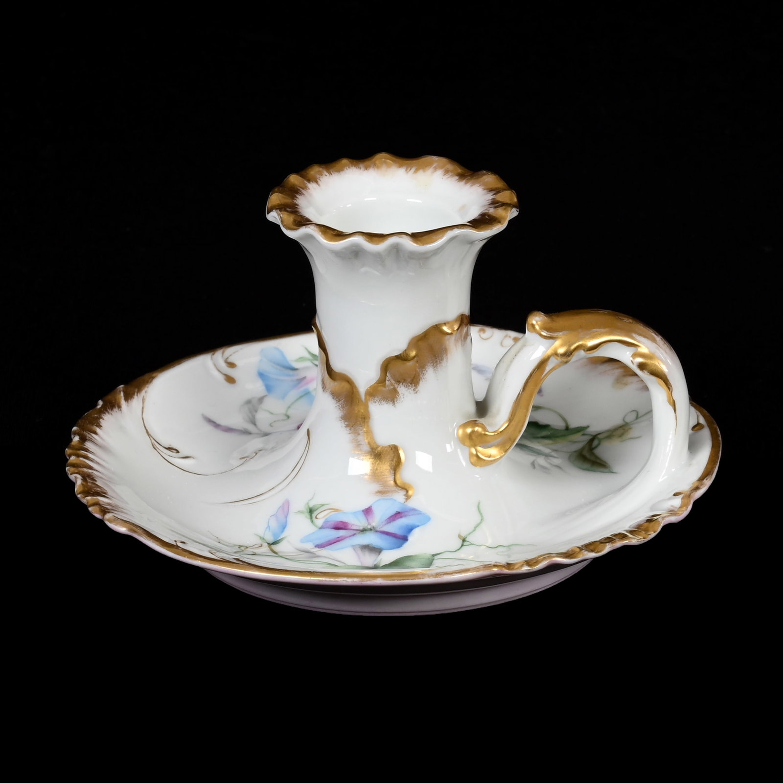 Chamberstick, Marked Haviland & Co. Limoges: Chamberstick, Marked Haviland & Co. Limoges, 3" x 5.25", Circa 1879+, White With Colorful Morning Glory Decor, Gold Trim Highlights, Denver, Colorado Private Collection.