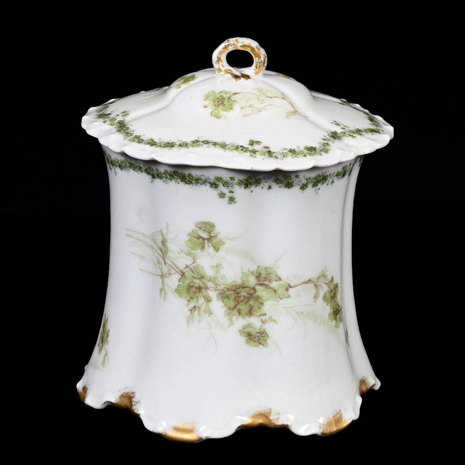 Biscuit Jar Marked Haviland & Co. Limoges: Biscuit Jar Marked Haviland & Co. Limoges, 6.25" x 5.5", Circa 1879-1930, White With Green Floral Decor, Gold Trim Highlights, Decorated Interior, Denver, Colorado Private Collection.