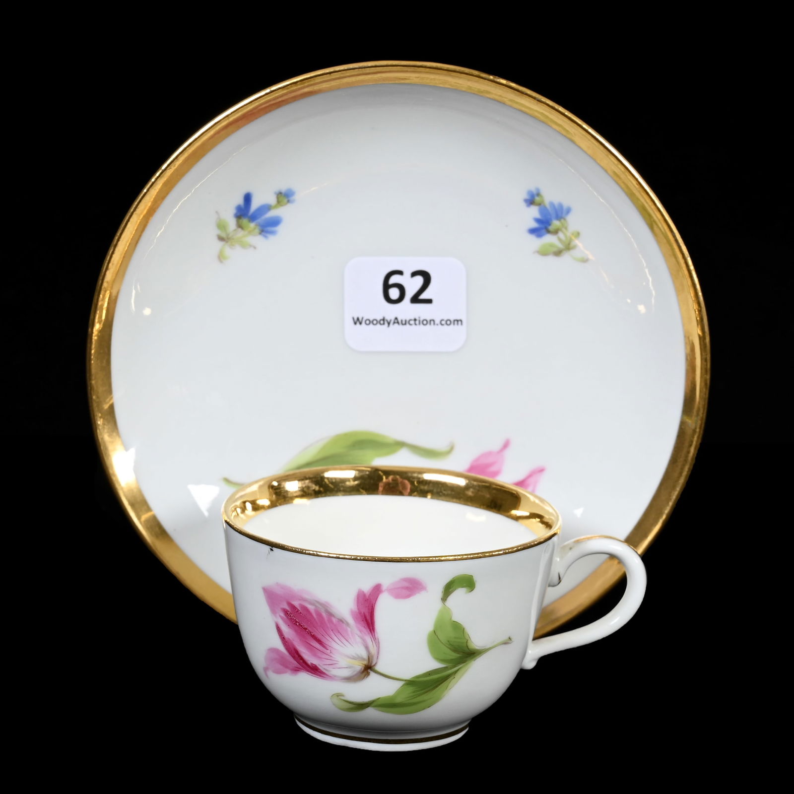 Demitasse Cup & Saucer, Meissen Blue Crossed Sword Mark: Demitasse Cup & Saucer, Meissen Blue Crossed Sword Mark, 2" x 4.5", White With Blue And Pink Decor, Gold Trim Highlights, Denver, Colorado Private Collection.
