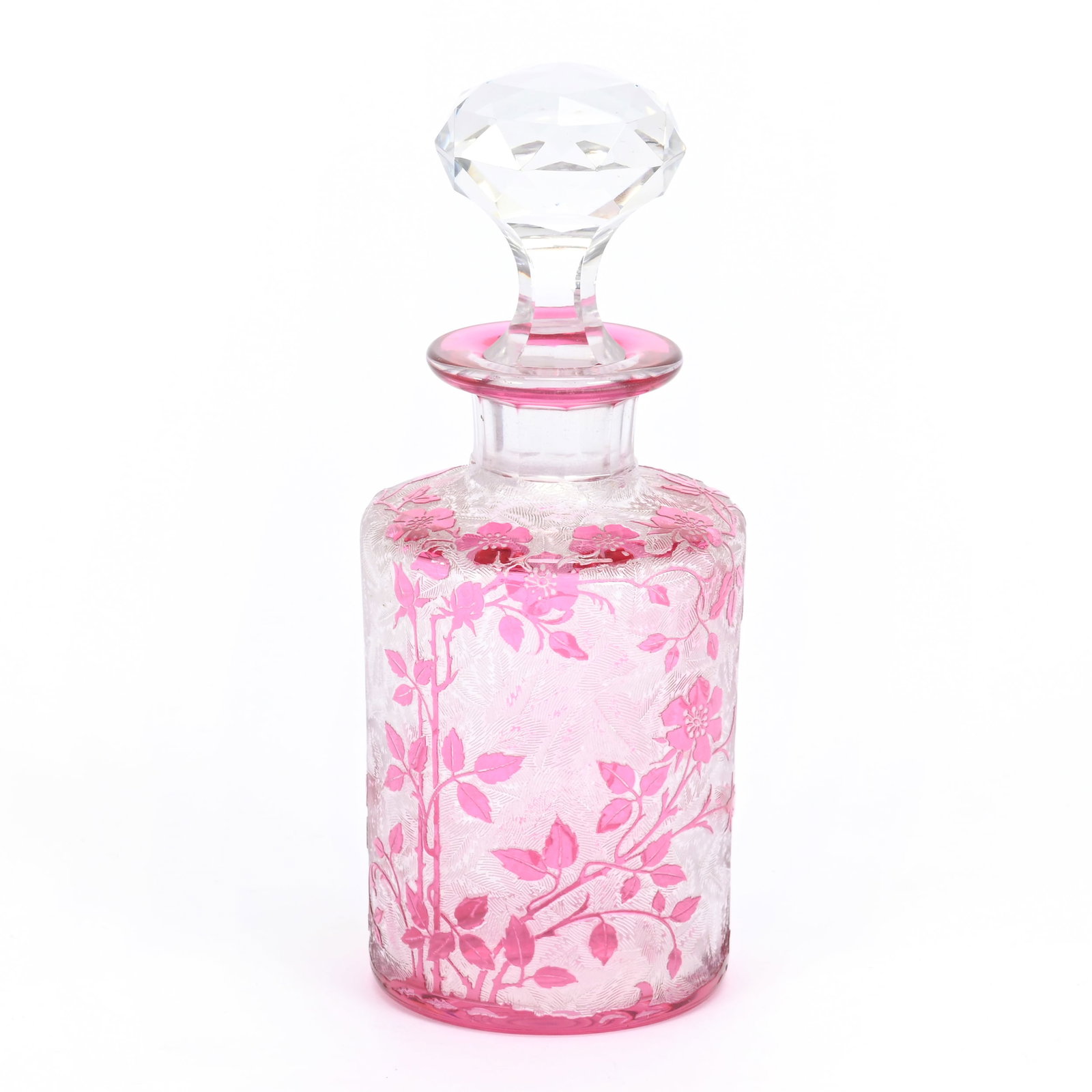 Cologne Bottle, Unmarked Acid Cut Cranberry: Cologne Bottle, Unmarked Acid Cut Cranberry, 7" x 3", To Clear, Floral Decor, Attributed To Baccarat/Val St. Lambert, Denver, Colorado Private Collection.