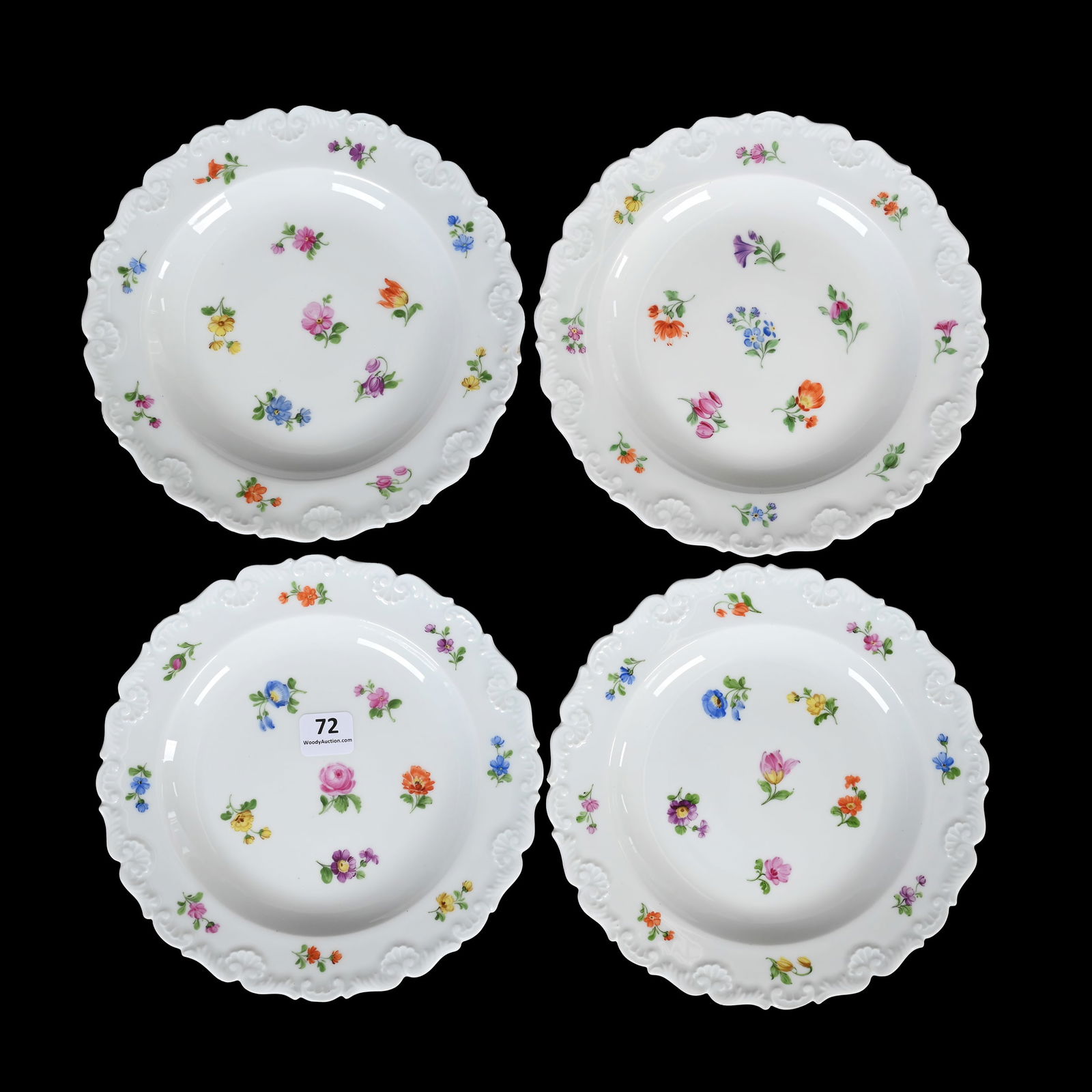(4) Dessert Plates, Meissen Blue Crossed Sword Mark: (4) Dessert Plates, Meissen Blue Crossed Sword Mark, 7", Colorful Scattered Floral Decor, Denver, Colorado Private Collection.