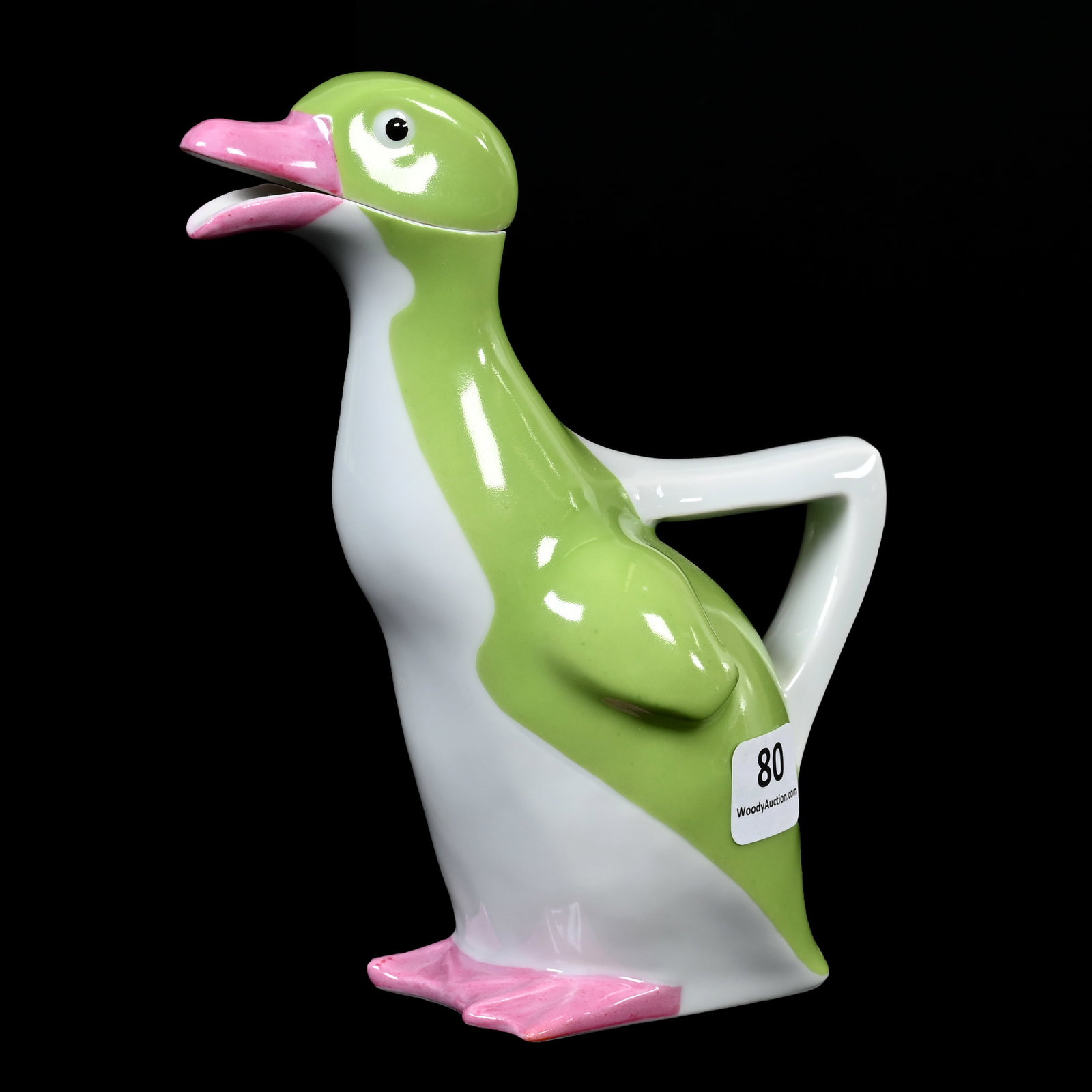 Figural Duck Pitcher By Sandoz, Haviland Limoges: Figural Duck Pitcher By Sandoz, Haviland Limoges, 6.25" x 5.25", Green And White W/Pink Highlights, Limited Edition #28 Of 1,000, Hand Painted From A Design Of Edouard Sandoz, Circa 1978, Denver, Colo