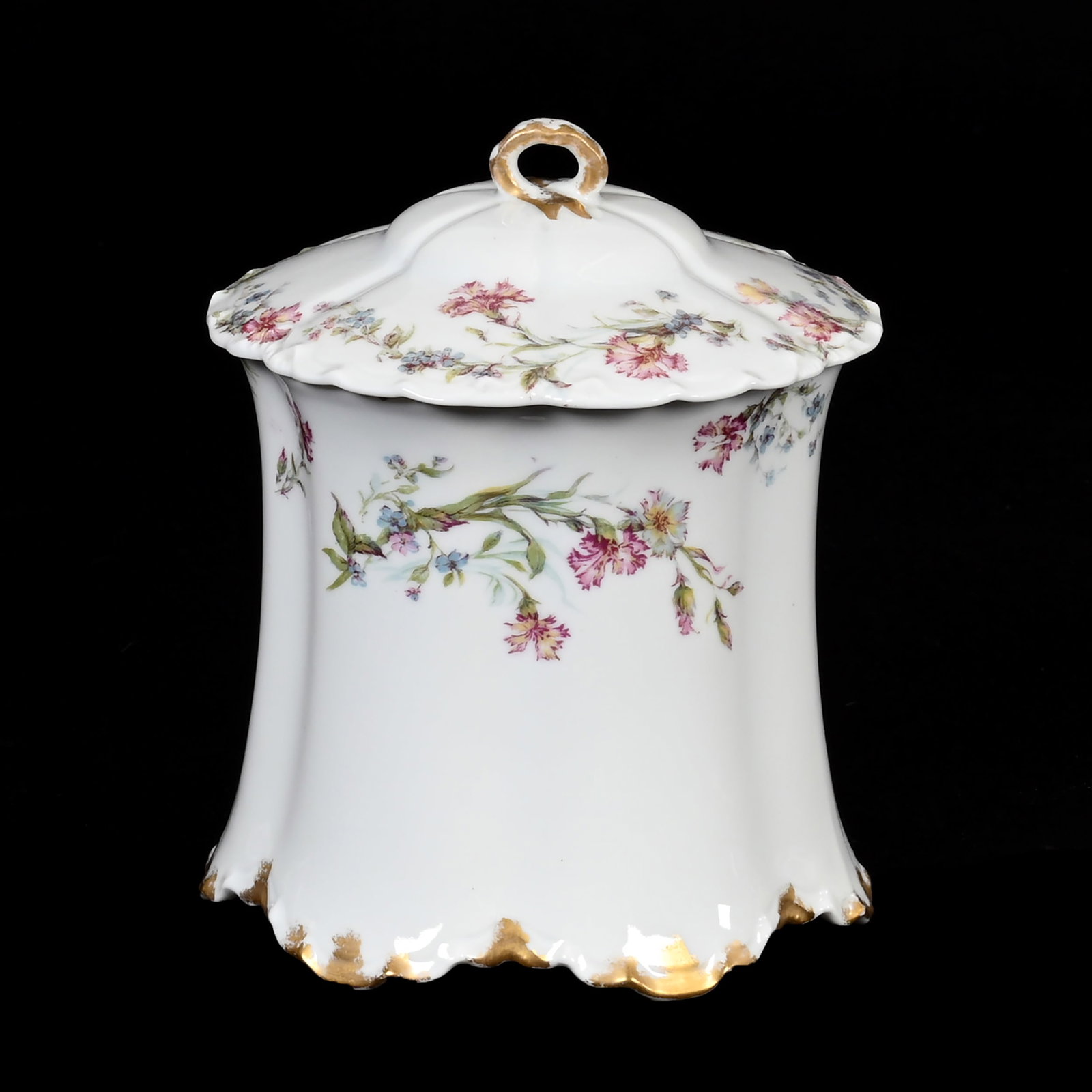 Biscuit Jar Marked Haviland & Co. Limoges: Biscuit Jar Marked Haviland & Co. Limoges, 6.5" x 5.25", 1876-1930, Ranson Blank, White With Colorful Floral Decor, Interior Decor, Denver, Colorado Private Collection.