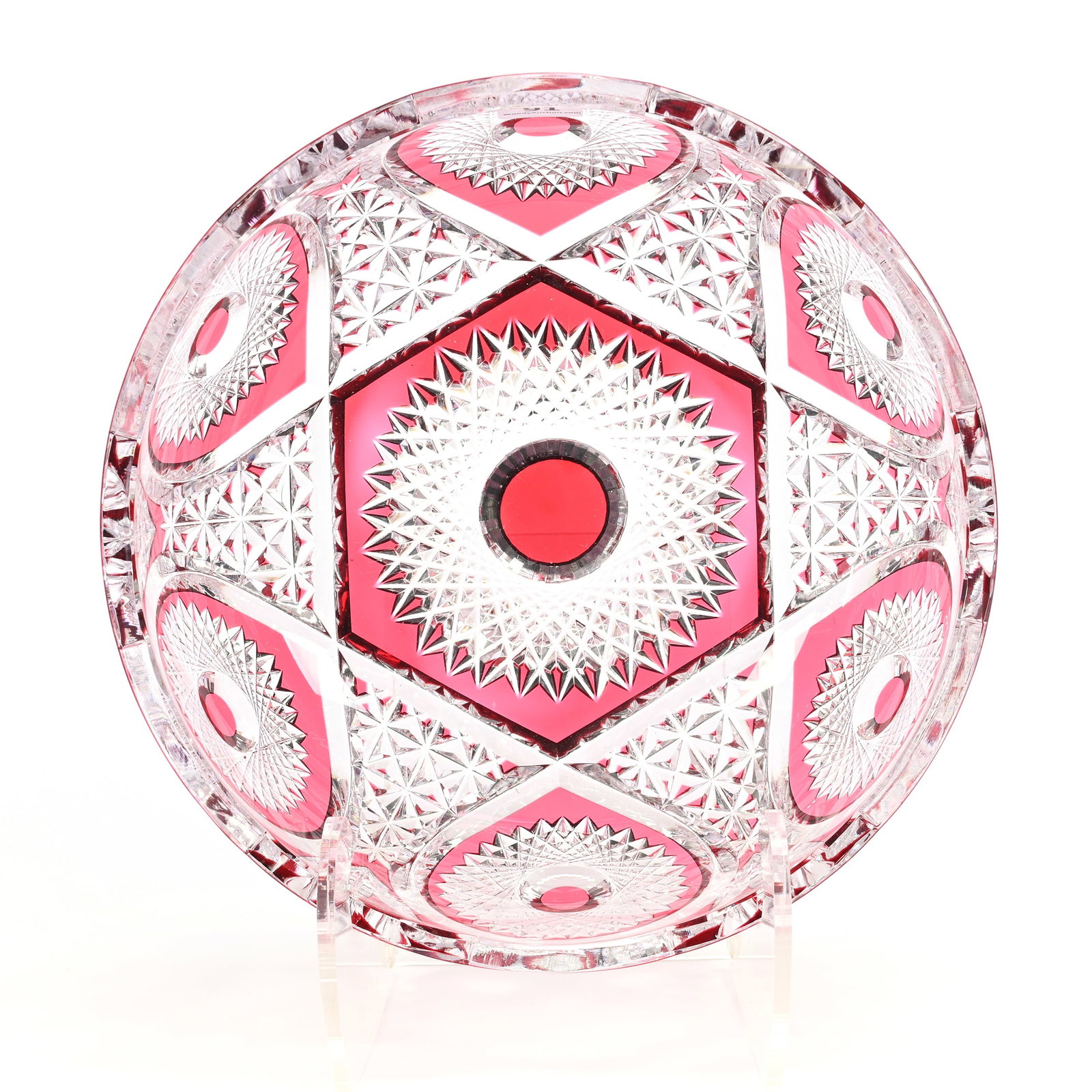 Bowl, Cut Glass, Cranberry Cut To Clear: Bowl, Cut Glass, Cranberry Cut To Clear, 3.75" x 9", Hobstar, Geometric Teardrop And Fan Motif, Unknown Cutter, Denver, Colorado Private Collection.