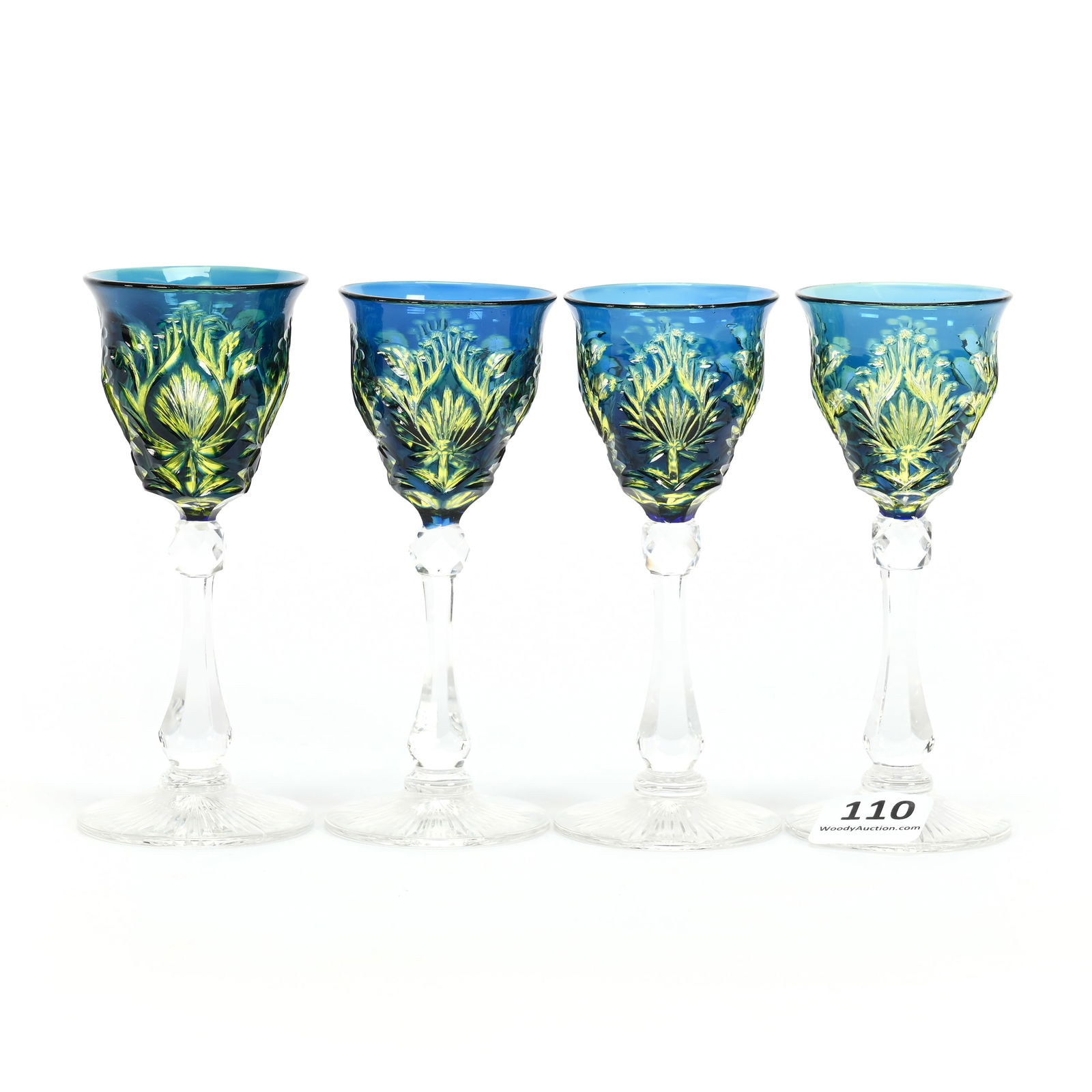 (4) Cordials, Brilliant Period Cut Glass, Dark Blue To Yellow To Clear (1 of 3)