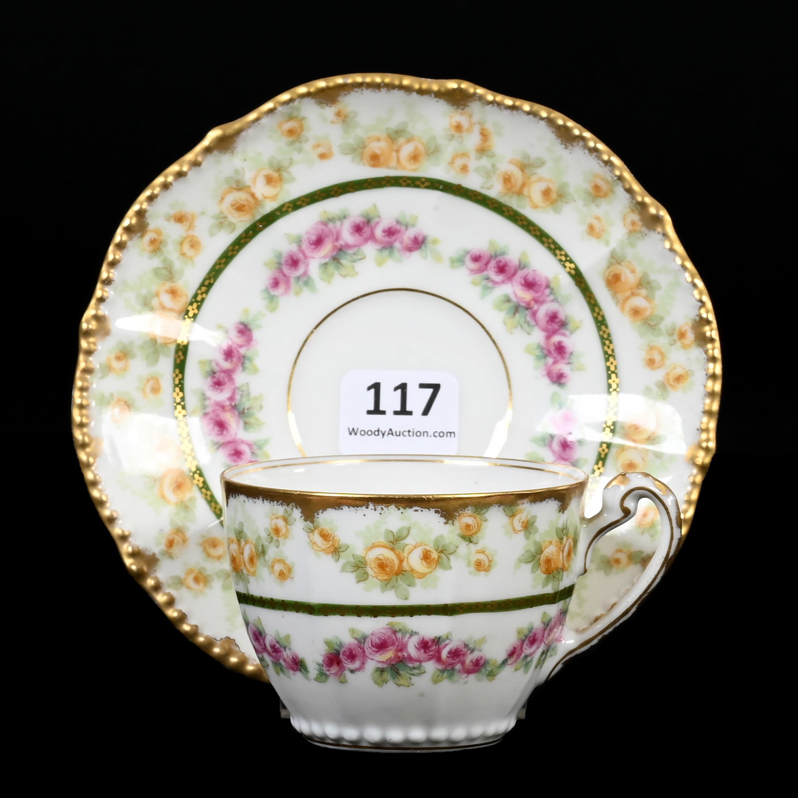 Cup And Saucer, Marked Elite Limoges: Cup And Saucer, Marked Elite Limoges, 2" x 4.75", Circa 1896-1900, White W/ Pink & Yellow Rose Garland Decor, Gold Trim Highlights, Denver, Colorado Private Collection.