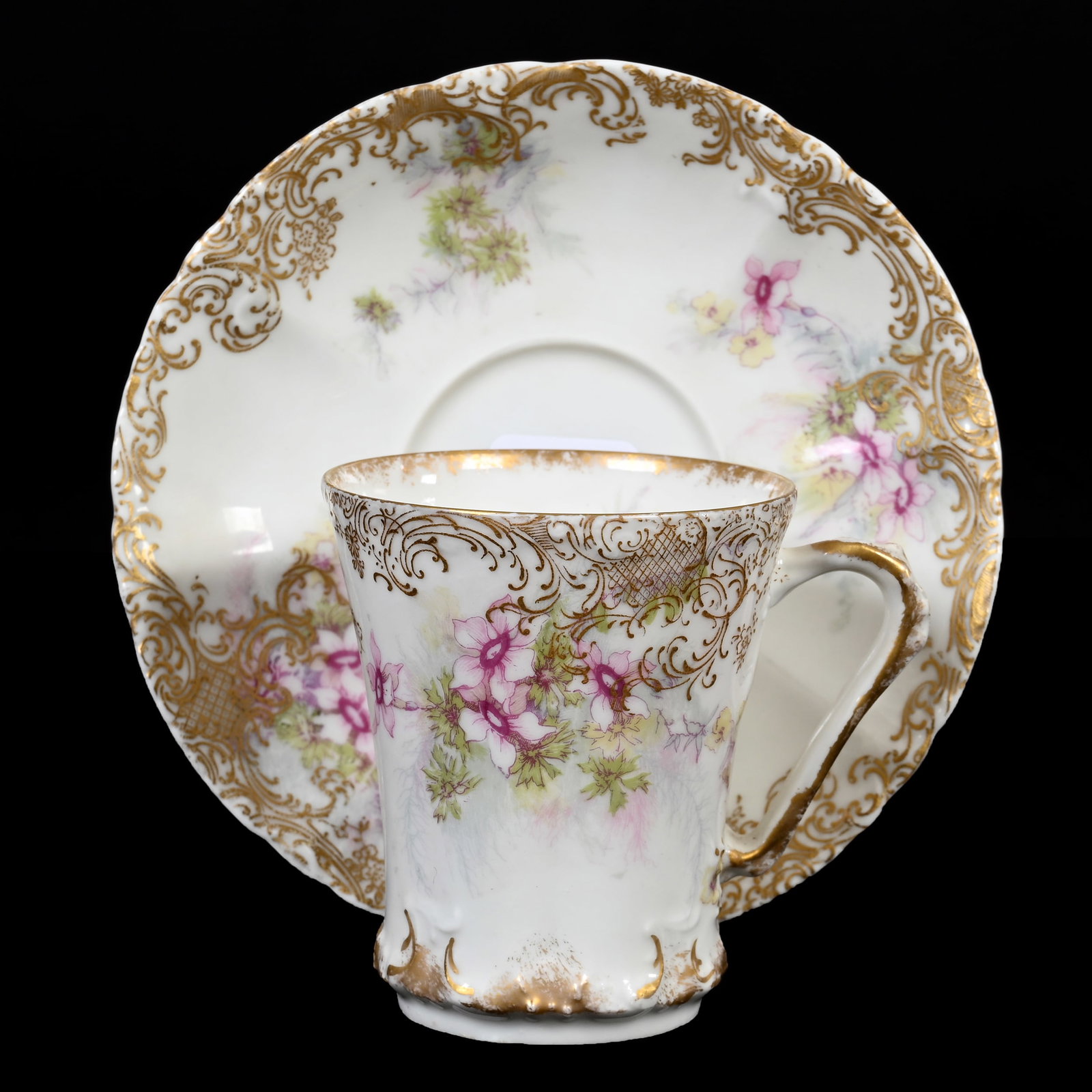 Cup And Saucer, Marked Porcelaine Theodore Haviland: Cup And Saucer, Marked Porcelaine Theodore Haviland, 3" x 5", Circa 1893+, White With Pink Floral And Gold Stencil Decor, Denver, Colorado Private Collection.