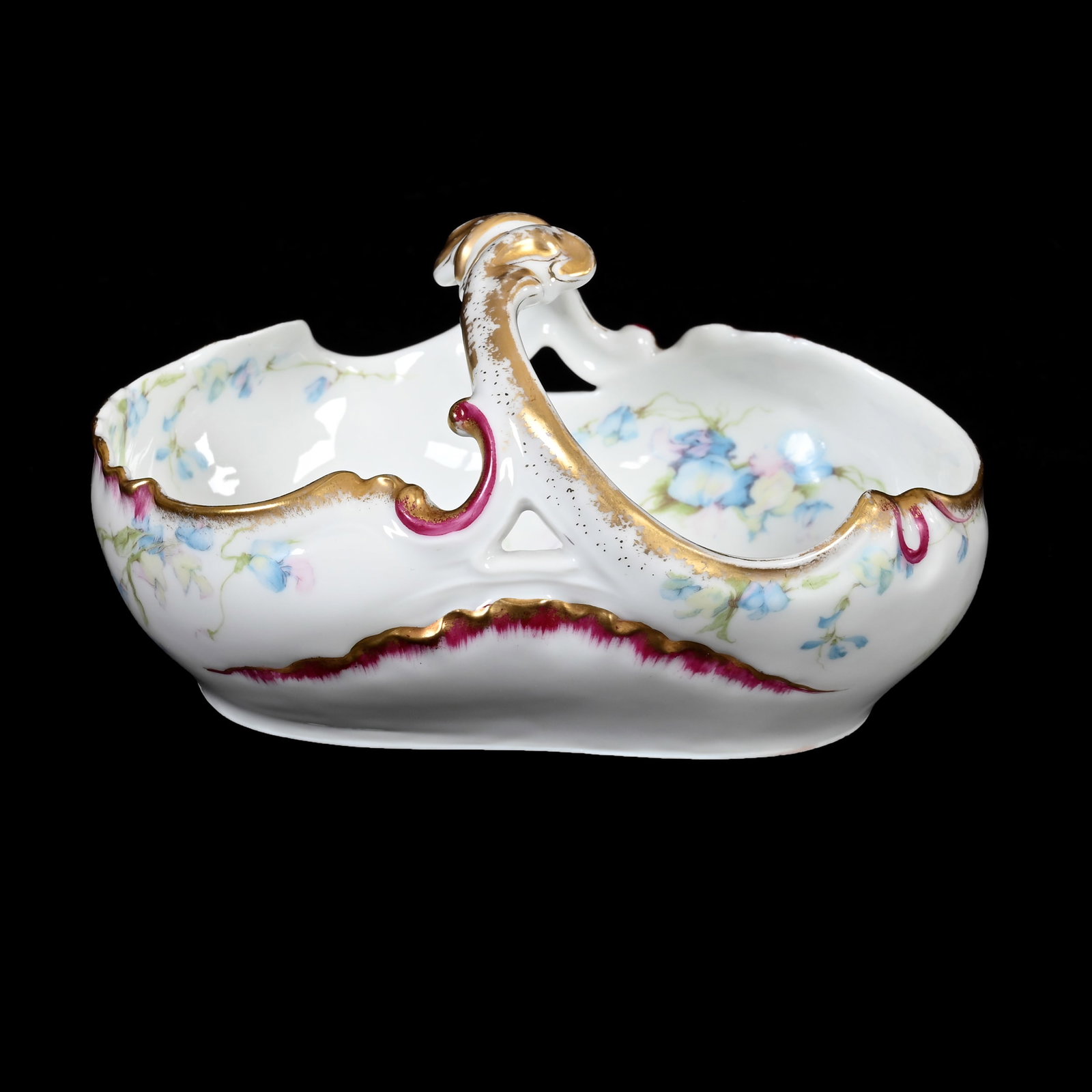 Basket Marked Haviland & Co #16869: Basket Marked Haviland & Co #16869, 3.5" x 6.5" x 4.25", Circa 1876-1930, White With Blue Floral Decor, Red & Gold Trim, Denver, Colorado Private Collection.