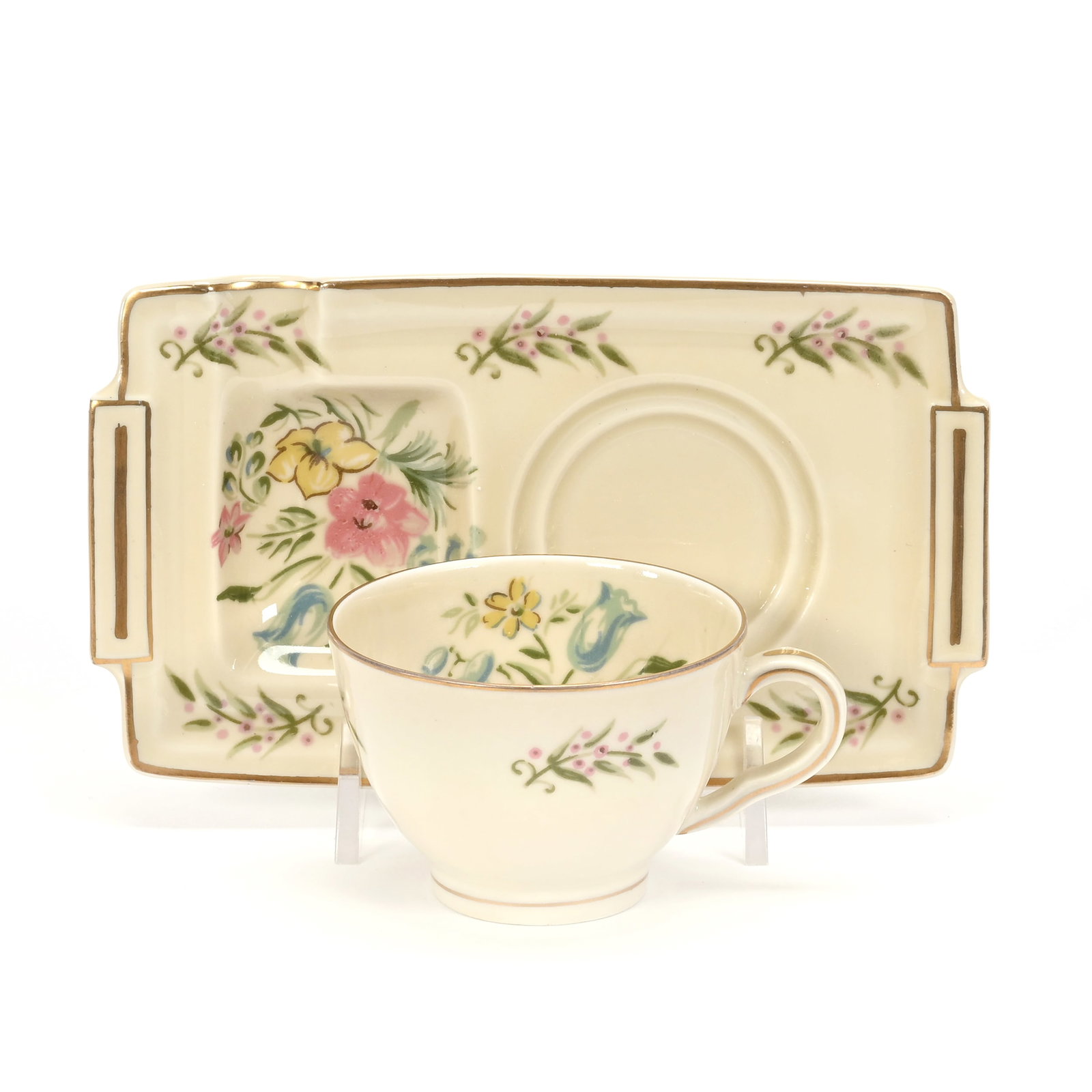 Teacup/Saucer With Incorporated Ashtray, Haviland: Teacup/Saucer With Incorporated Ashtray, Haviland, 2.25" x 5.75" x 3.5", Circa 1925+, Cream Tones With Colorful Floral Decor, Gold Trim Highlights, Unusual Form, Marked Theodore Haviland, Denver, Colo