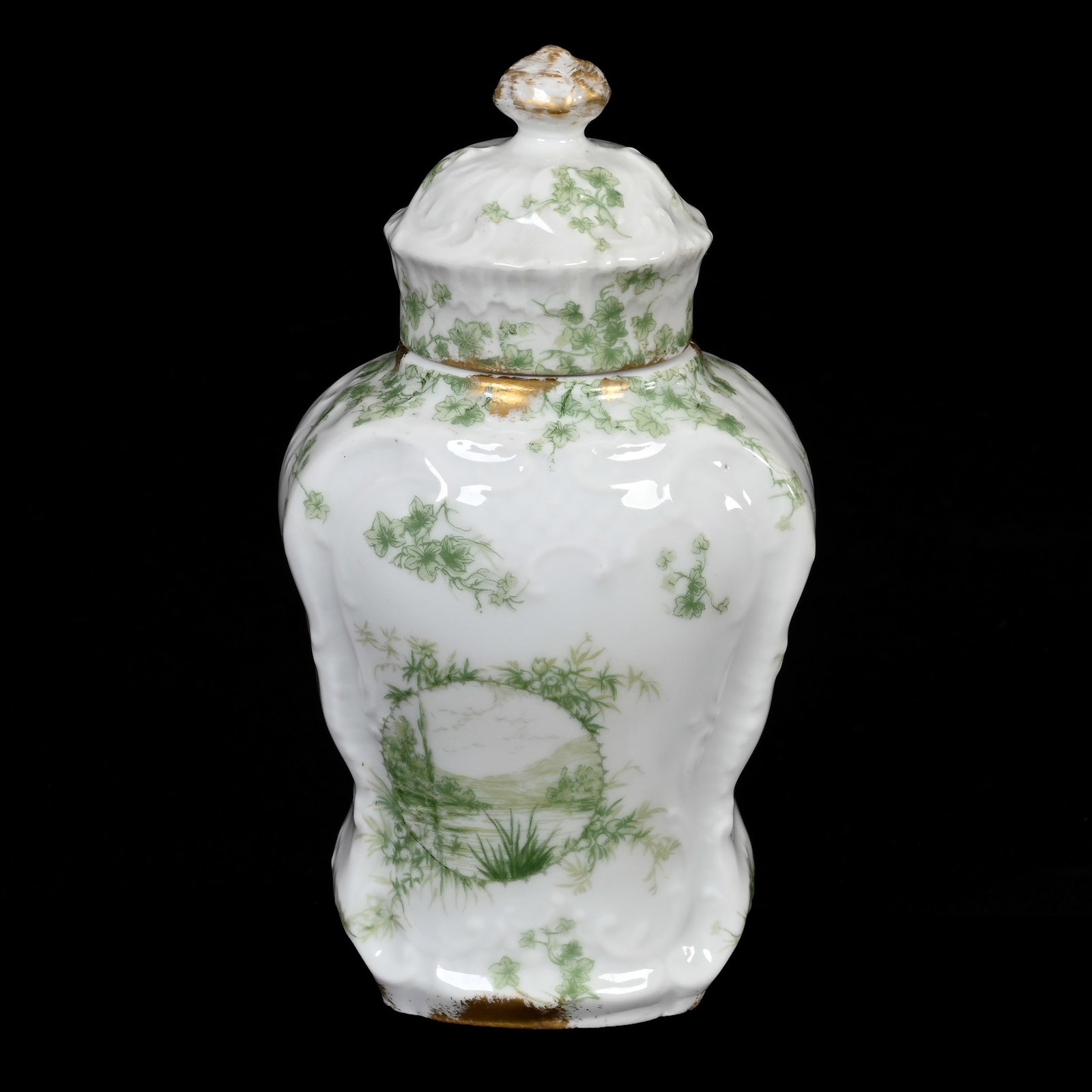 Tea Caddy Marked C. F. Haviland Limoges: Tea Caddy Marked C. F. Haviland Limoges, 6.25" x 3.5", Circa 1879-1882, White And Green Monochrome Scenic Decor With Floral Highlights, Denver, Colorado Private Collection.