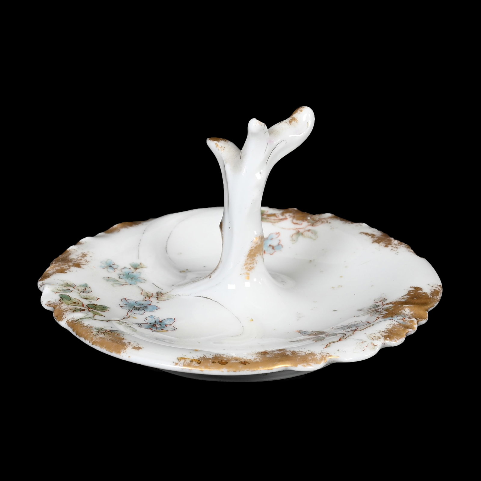 Ring Tree Marked Haviland & Co Limoges: Ring Tree Marked Haviland & Co Limoges, 2" x 3.25", Circa 1876-1930, White With Blue Floral And Gold Trim Highlights, Denver, Colorado Private Collection.