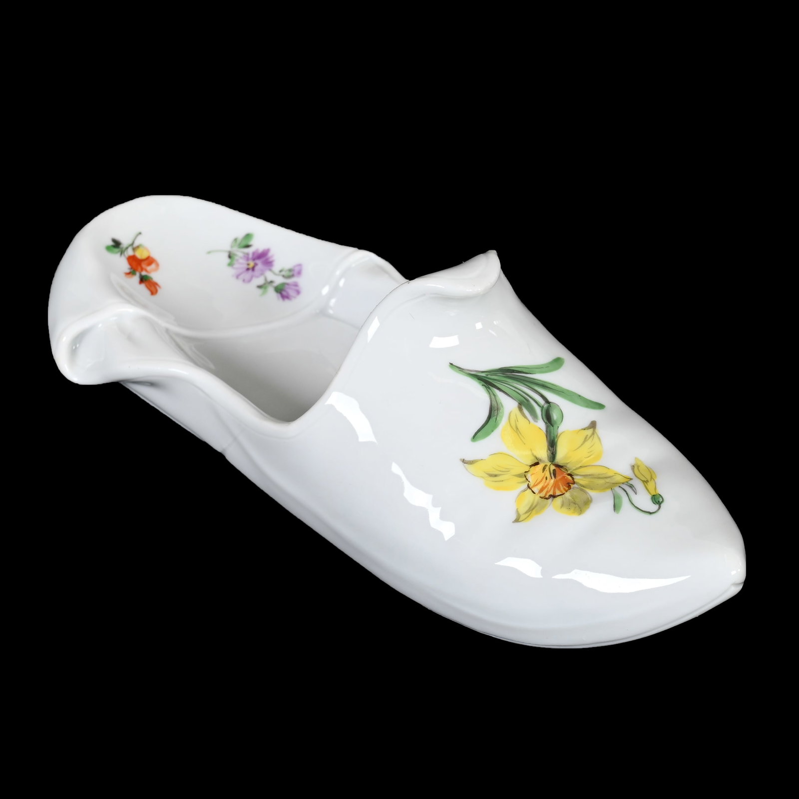 Slipper Marked Meissen Blue Crossed Swords: Slipper Marked Meissen Blue Crossed Swords, 2.25" x 6.5" x 2.25", Two Slash Marks, White With Floral Decor, Ca. 1924-1934, Denver, Colorado Private Collection.