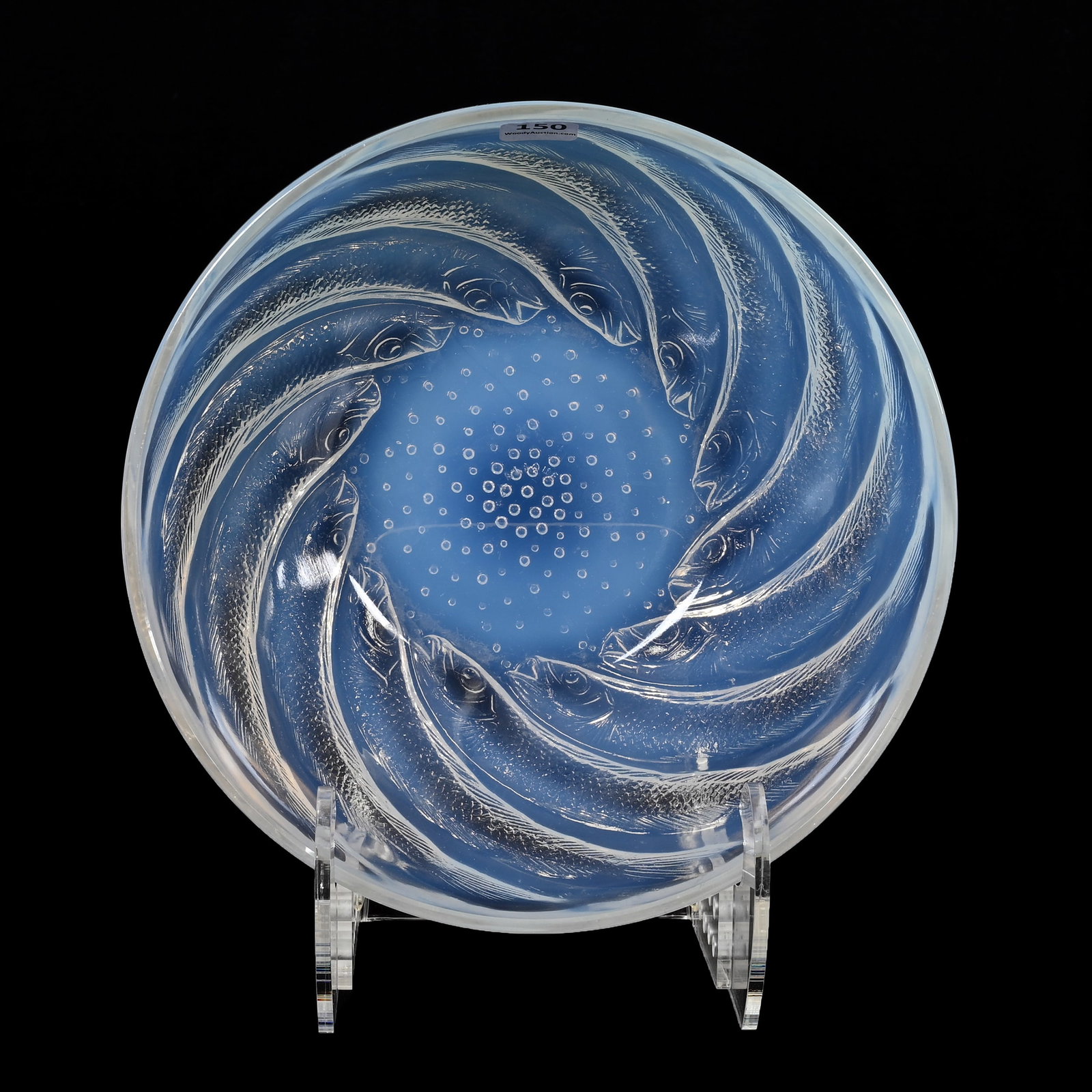 Bowl Marked R. Lalique, Clear Opalescent: Bowl Marked R. Lalique, Clear Opalescent, 3.5" x 9.25", Poissons Pattern, Denver, Colorado Private Collection.