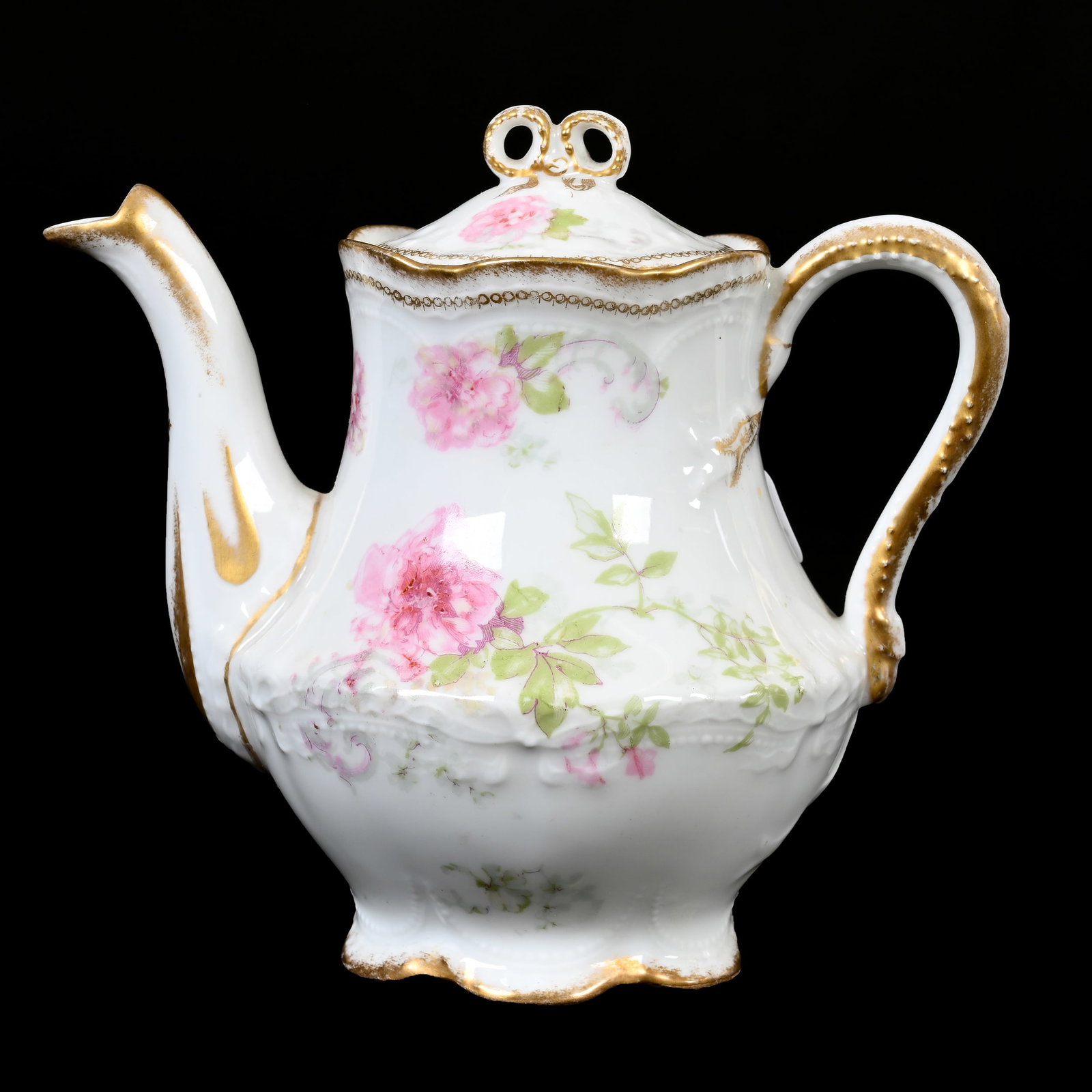 Tea Pot Marked Theodore Haviland Limoges: Tea Pot Marked Theodore Haviland Limoges, 5.5" x 6.25", Circa 1925+, White With Pink Rose Decor, Gold Trim Highlights, Denver, Colorado Private Collection.