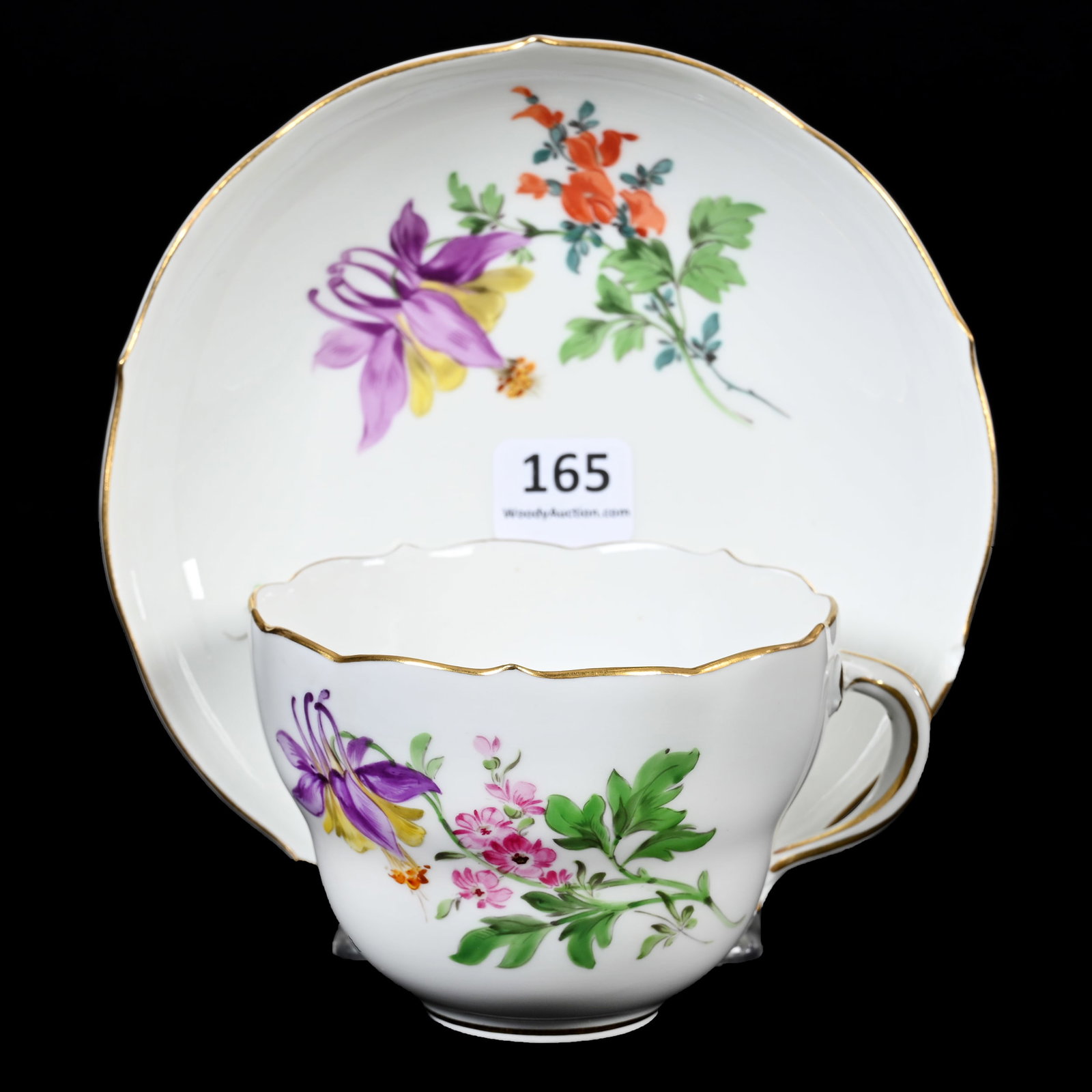 Cup & Saucer Marked Meissen Blue Crossed Swords: Cup & Saucer Marked Meissen Blue Crossed Swords, 2.75" x 5.5", White With Colorful Floral Decor, Saucer With Rim Chip, Denver, Colorado Private Collection.